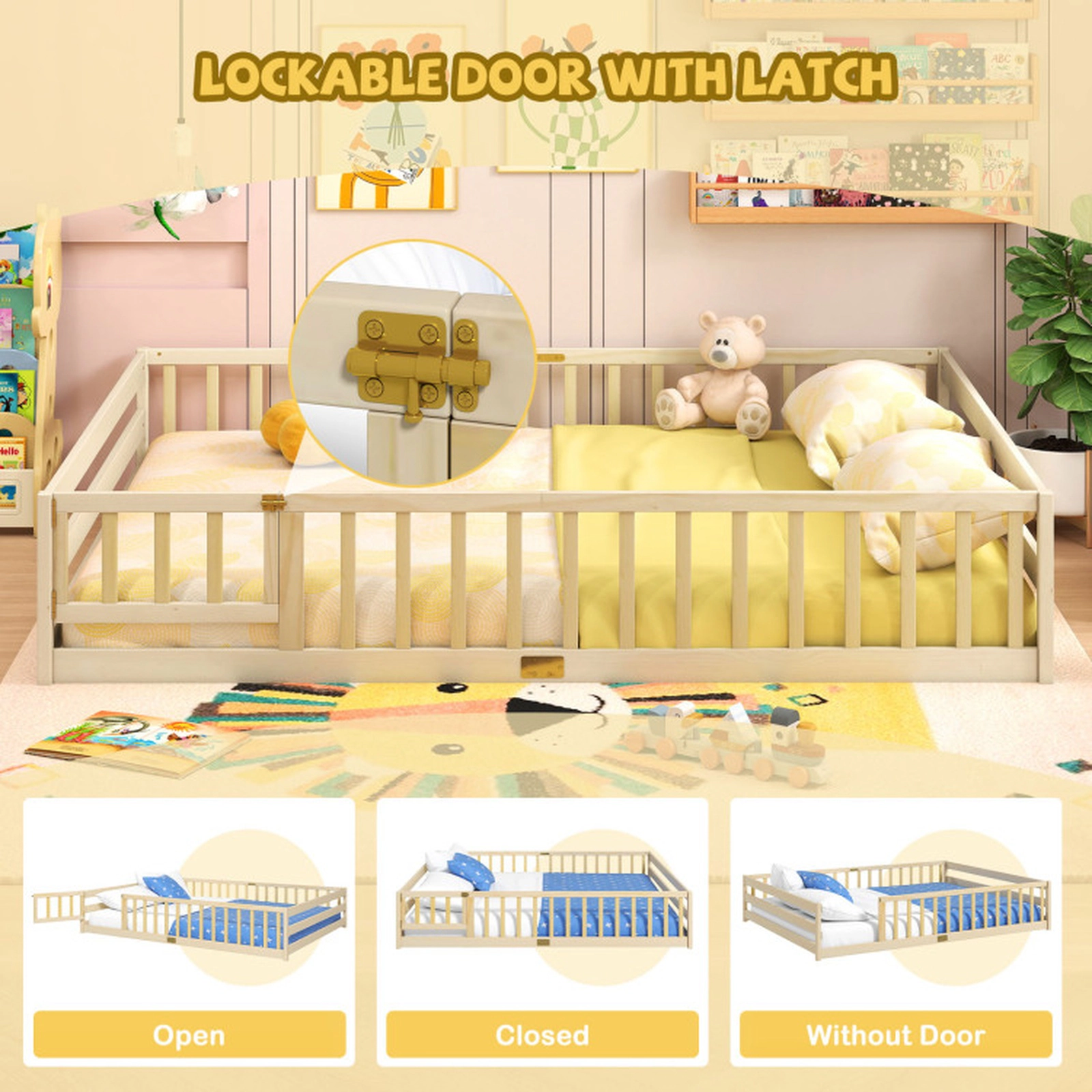 SUGIFT Queen Size Montessori Kids Floor Bed Frame with Full Length Safety Guardrails Low-To-Ground Design Natural