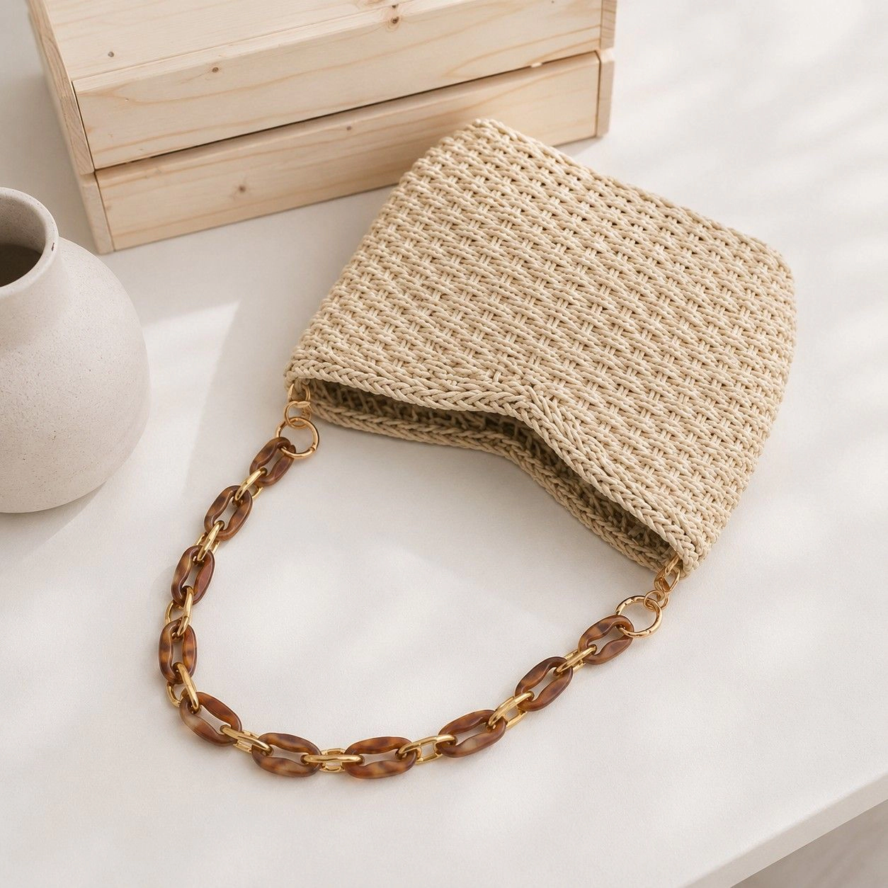 Alilang Women's Woven Shoulder Bag with Chain Strap Zip Closure and Interior Slip Pocket, Beige