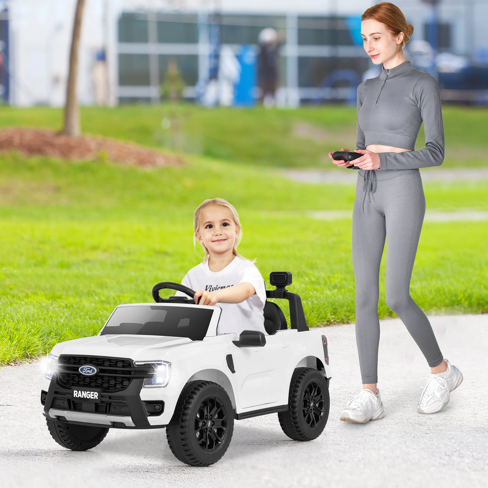 12V Kids Ride On Car Parent Remote Padded Headrest Rear Storage Basket and Lockable Doors for Ages 3-6 Electric Truck