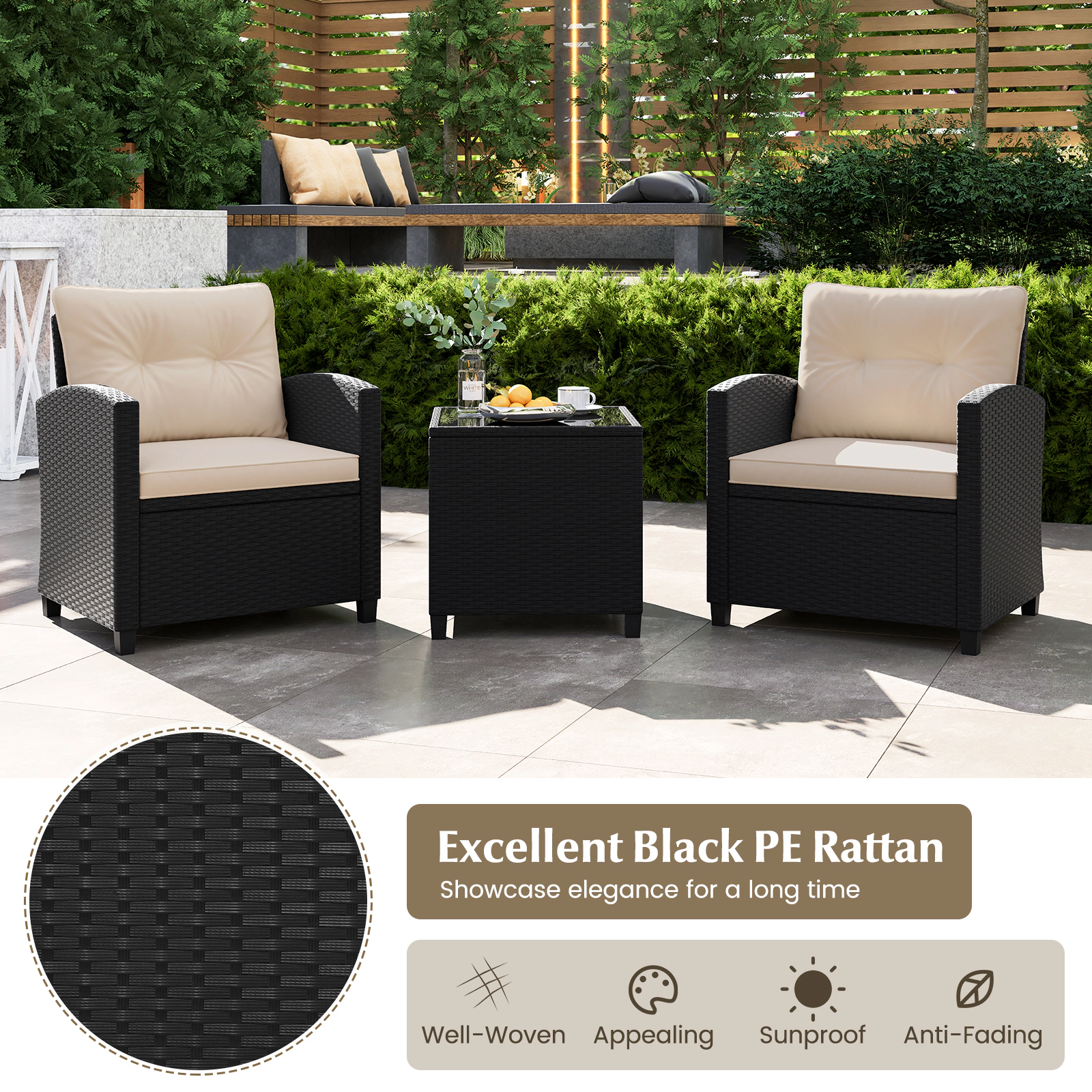 SUGIFT 3-Piece PE Rattan Patio Conversation Set with Tempered Glass Coffee Table 400-lb Chair Capacity Off White