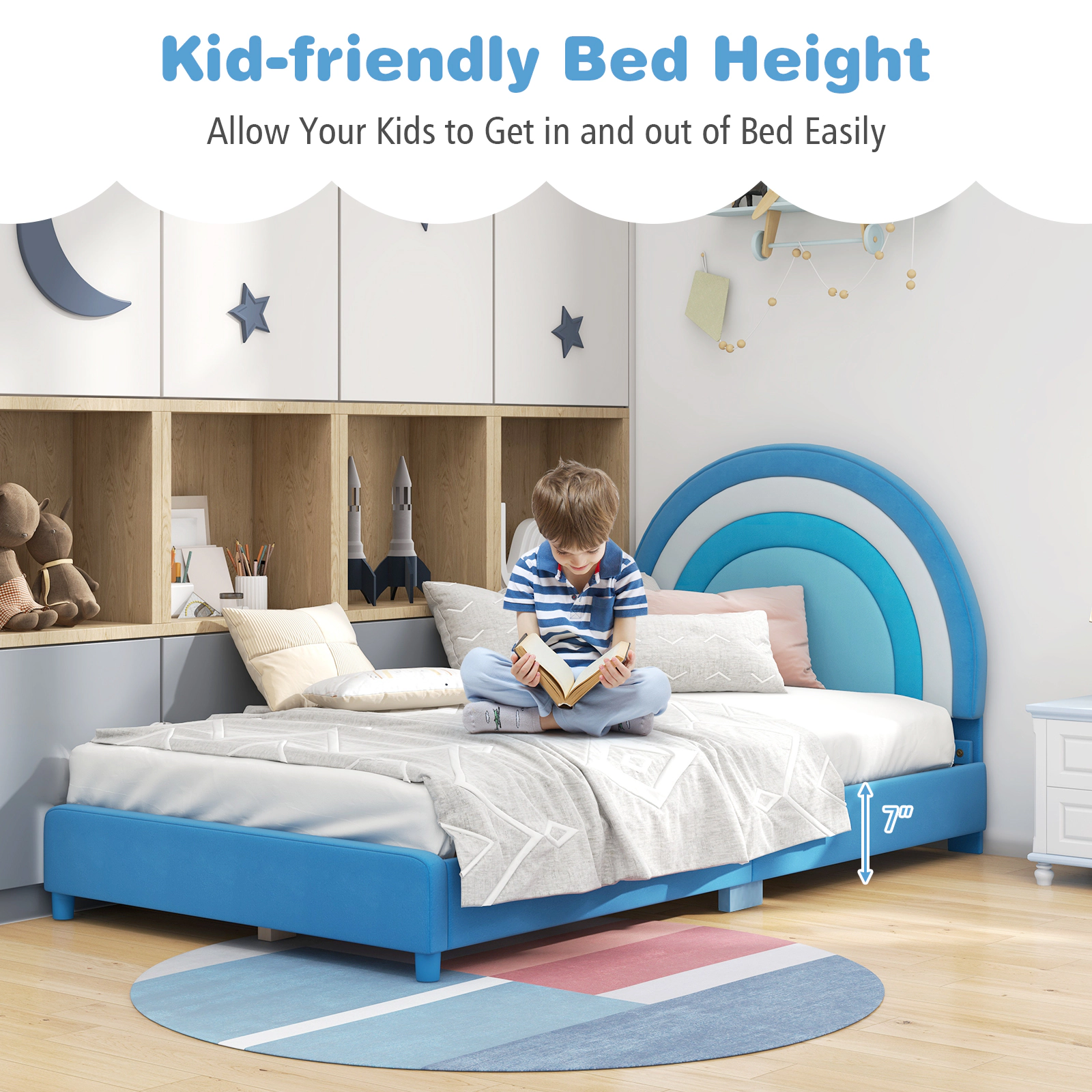 SUGIFT Height-Adjustable Twin Toddler Bed Frame Wooden Slats 660-lb Capacity Ages 3+ Gradient Pink Blue White & Pink