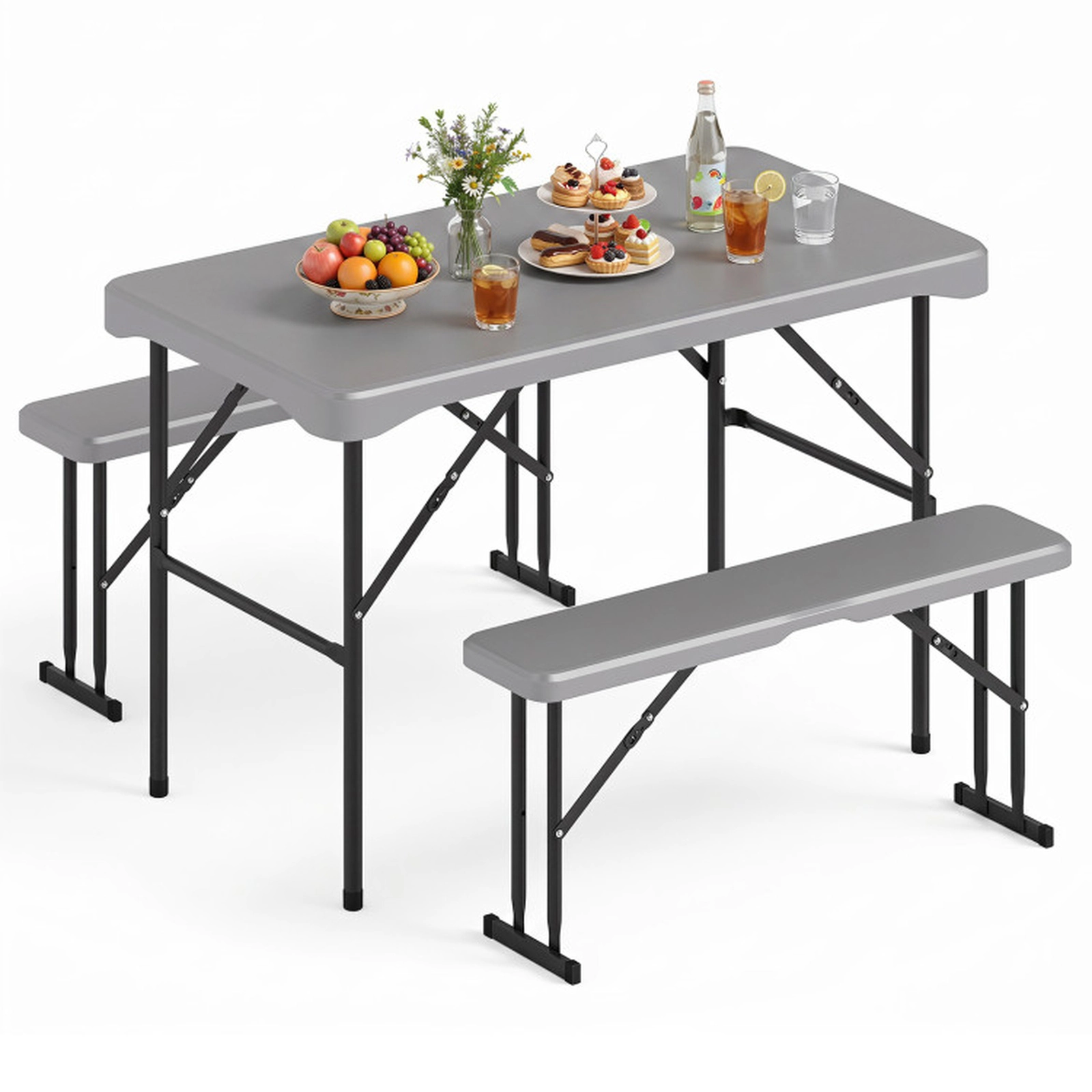 SUGIFT 44 in Folding Picnic Table Set Gray HDPE with 2 Benches and Honeycomb Top
