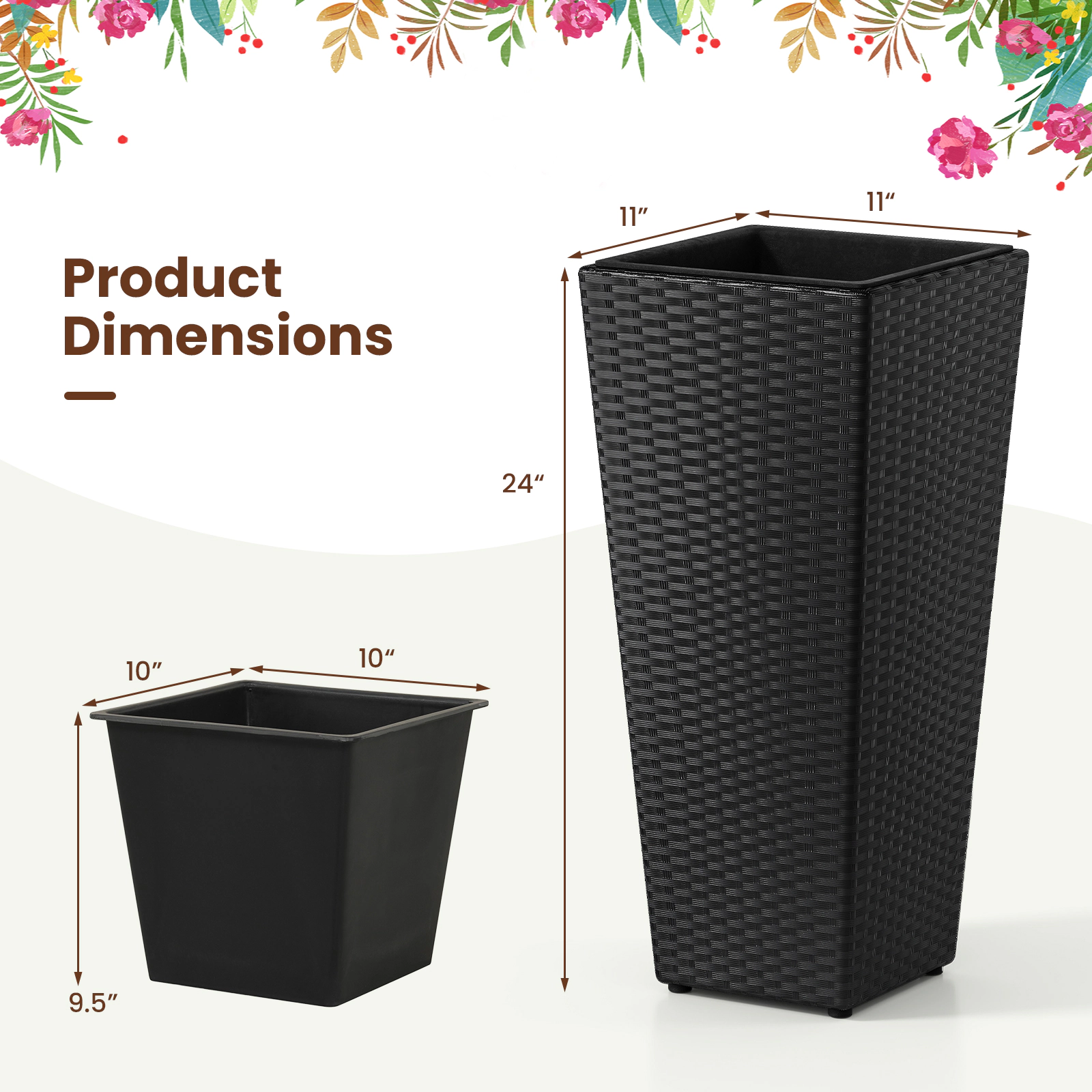 LJG Set of 2 Rattan Tall Plant Pots with Detachable Plastic Liners