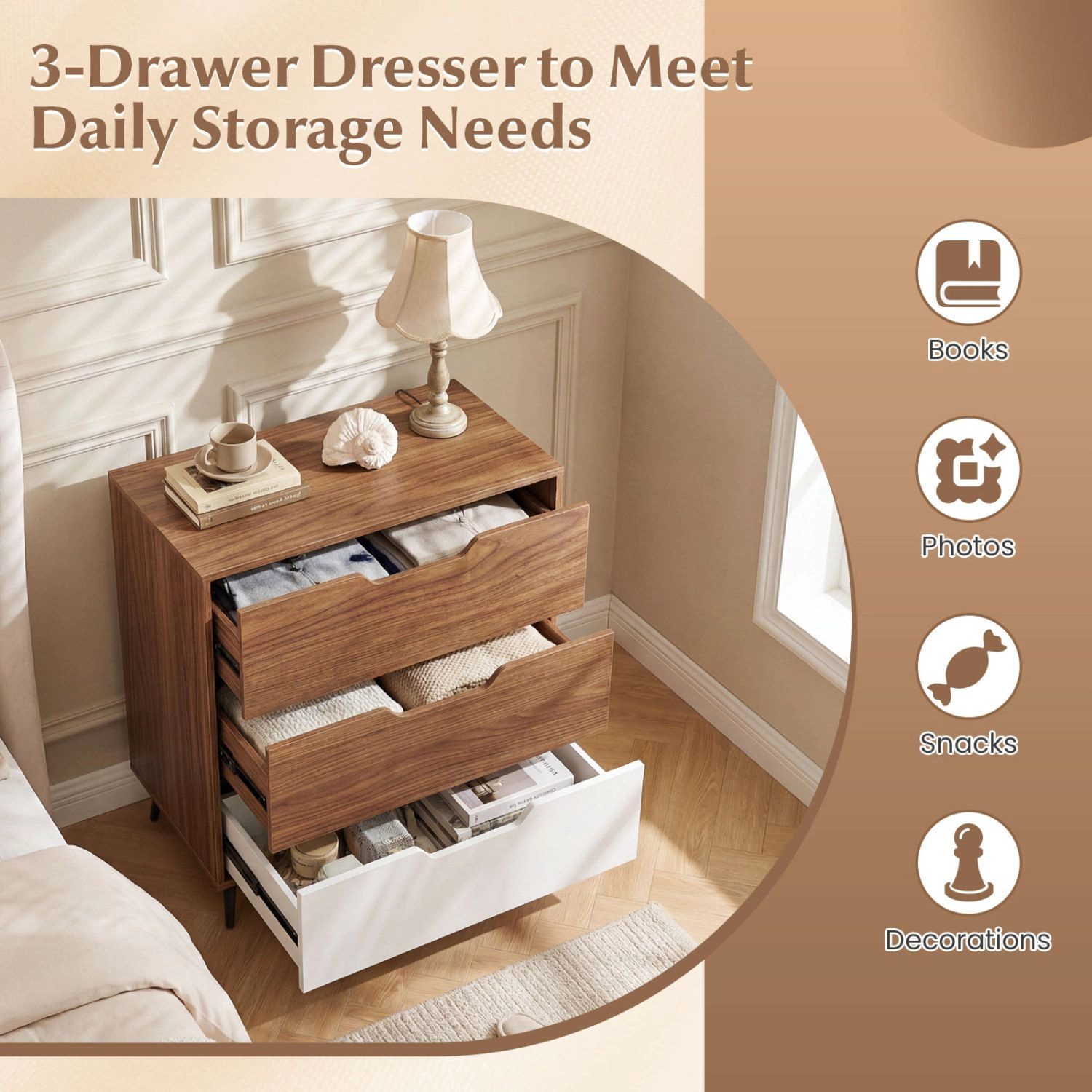 SlickBlue 3-Drawer Bedroom Dresser with Metal Legs and Wall Anchor