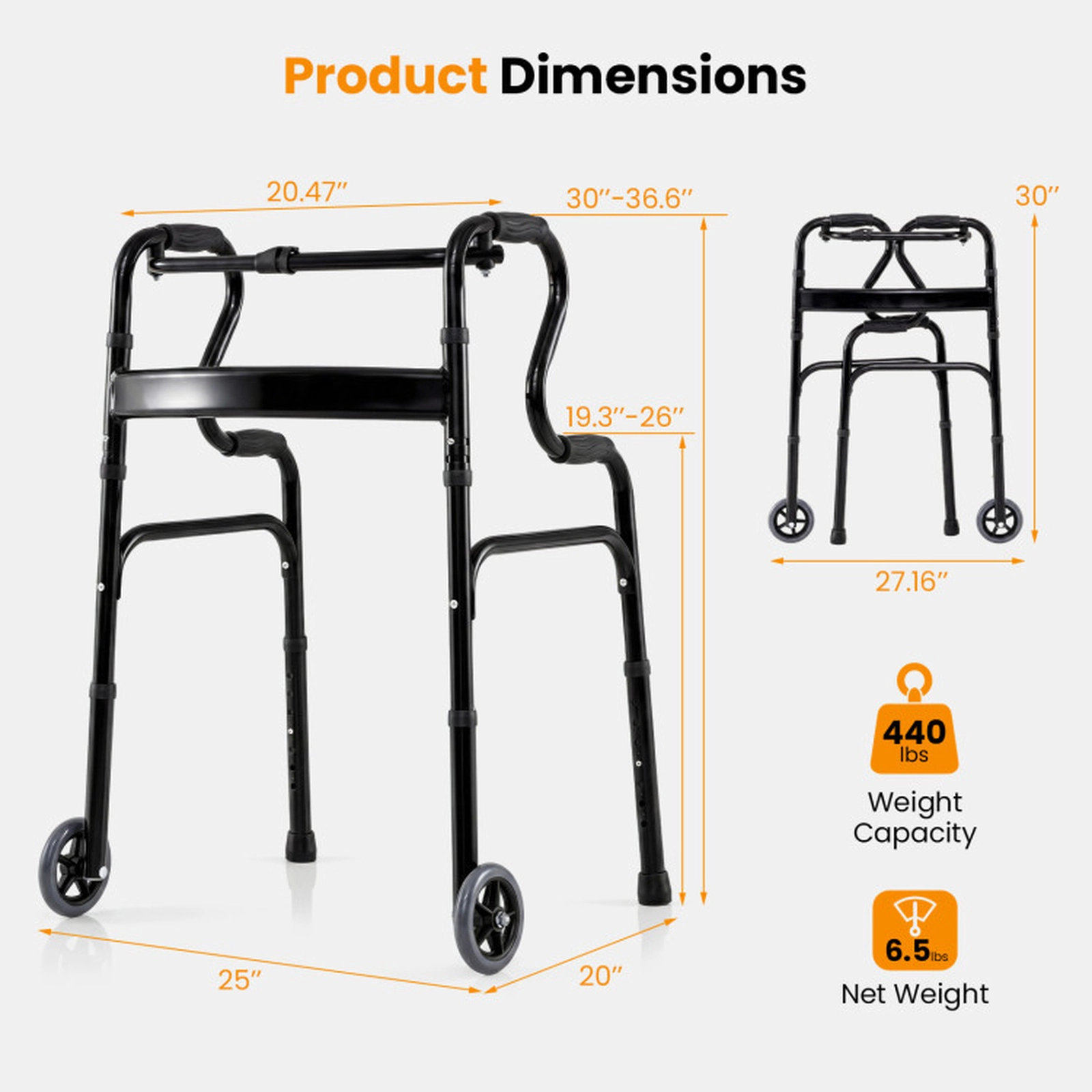 SUGIFT Folding Walker, 440 lb Capacity, Adjustable 30-37 in Height, Bi-Level Armrests