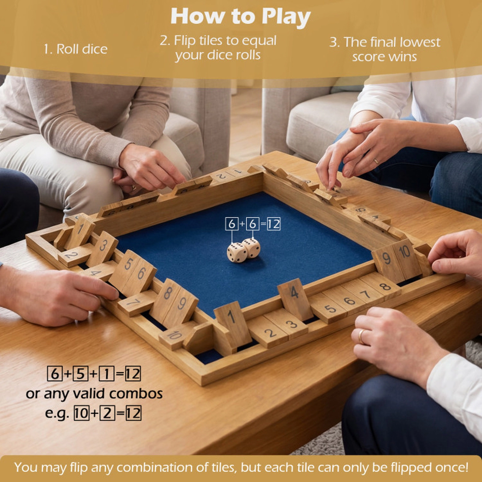 SUGIFT 24-in Extra-Large 4-Sided Wooden Shut The Box Dice Game with Silk-Screened Numbers and Felt Bed