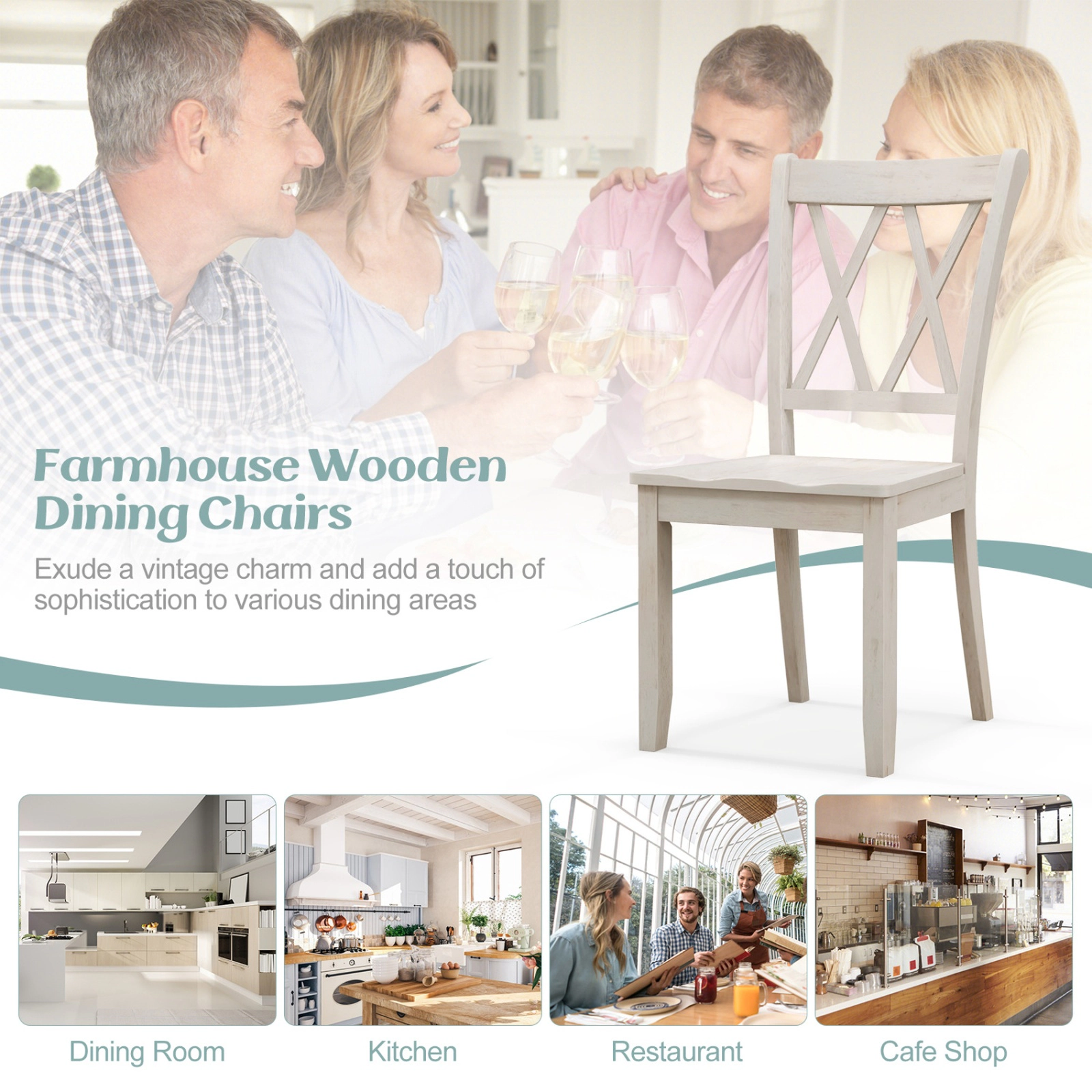 SUGIFT Set of 2 White Solid Rubber Wood Farmhouse Dining Chairs with Double X-Back