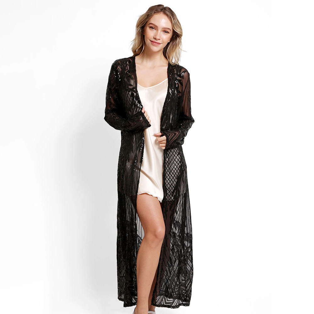 Truedames Women Leaves Pattern Sequin Long Cover-Up Kimono Poncho