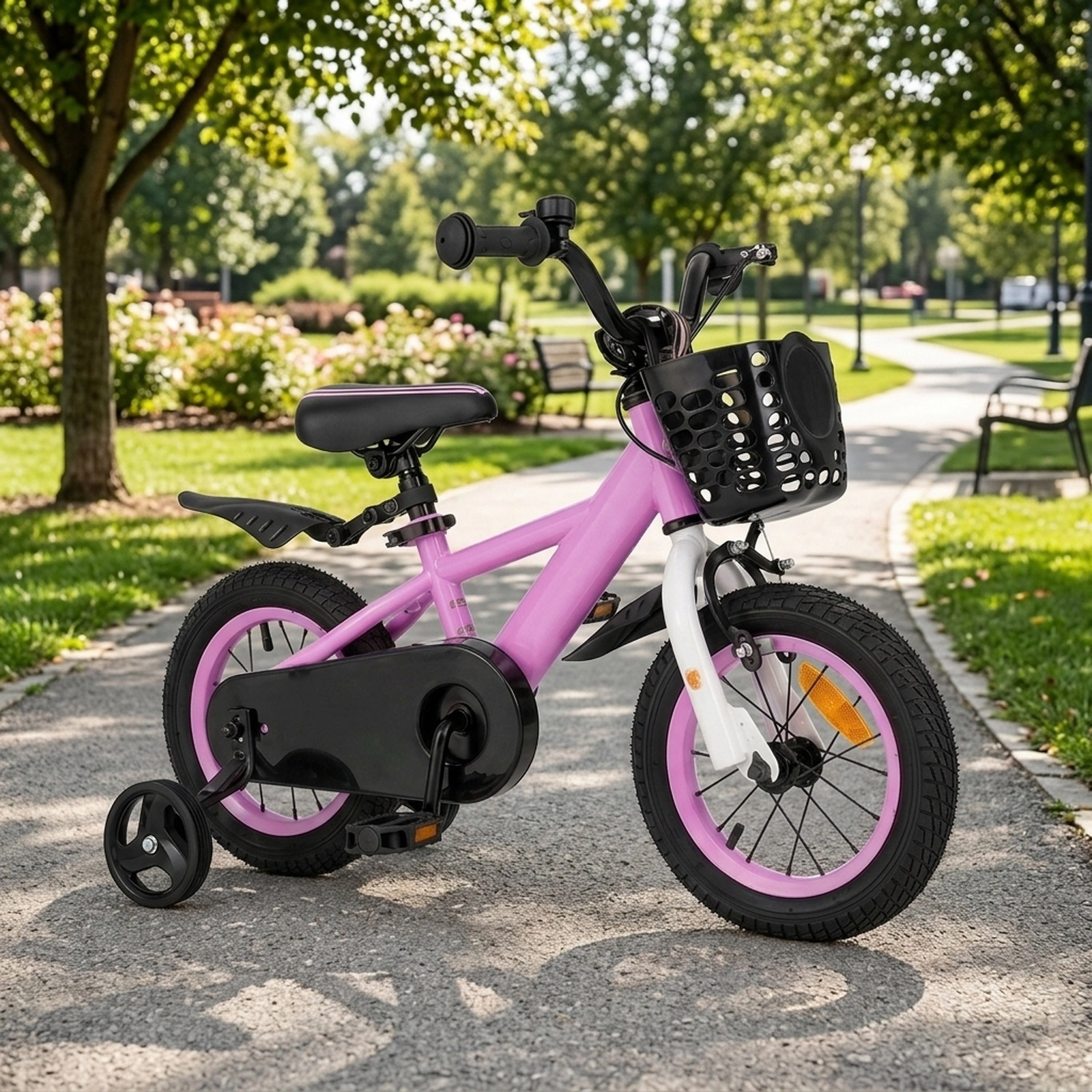 12-in Kids Bike Front Basket Fenders Removable Training Wheels and Adjustable Handlebar and Saddle Ages 3-4 Purple