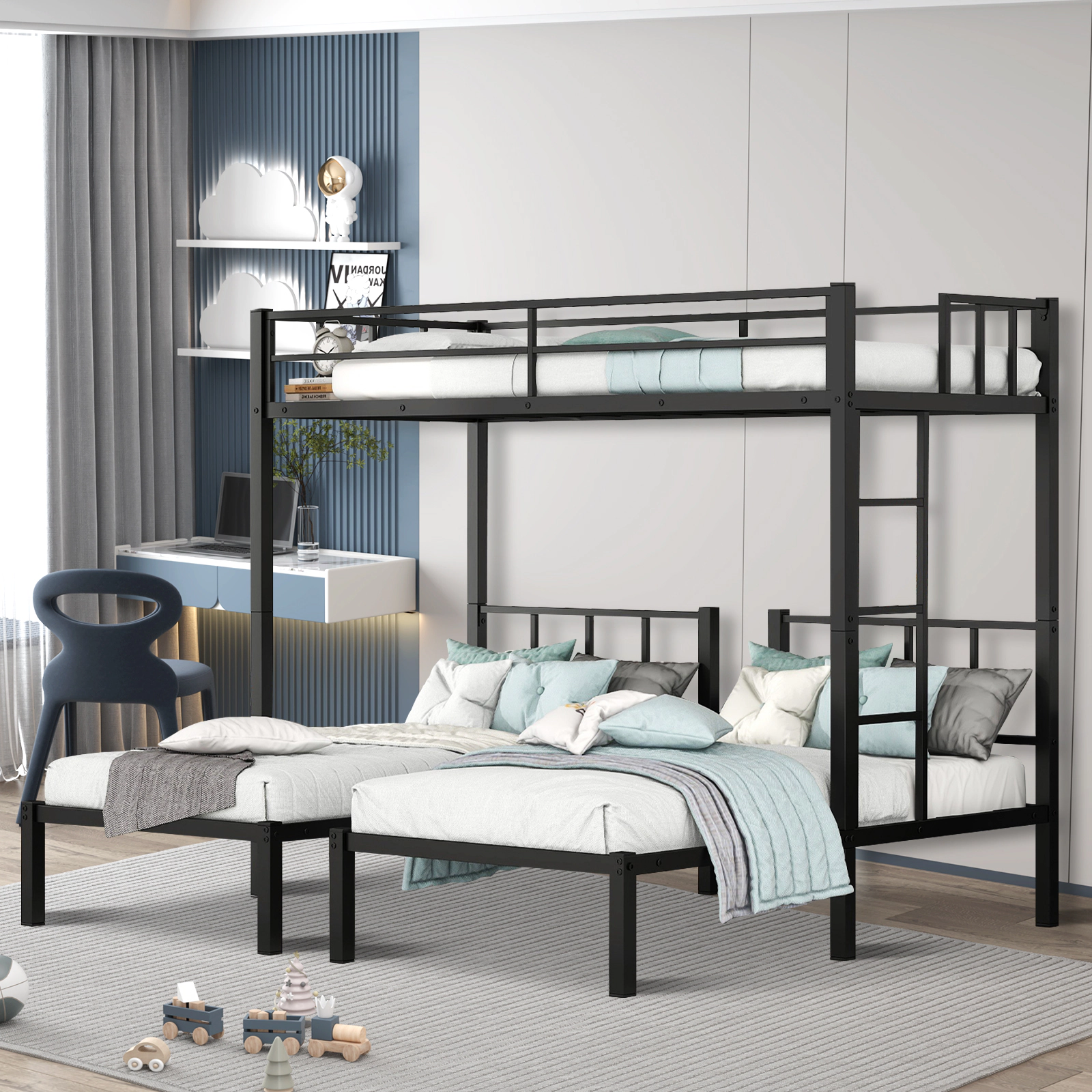 Flynama Metal Triple Bunk Bed, Upper Twin XL & Two Lower Twin Bunks, Noise Free