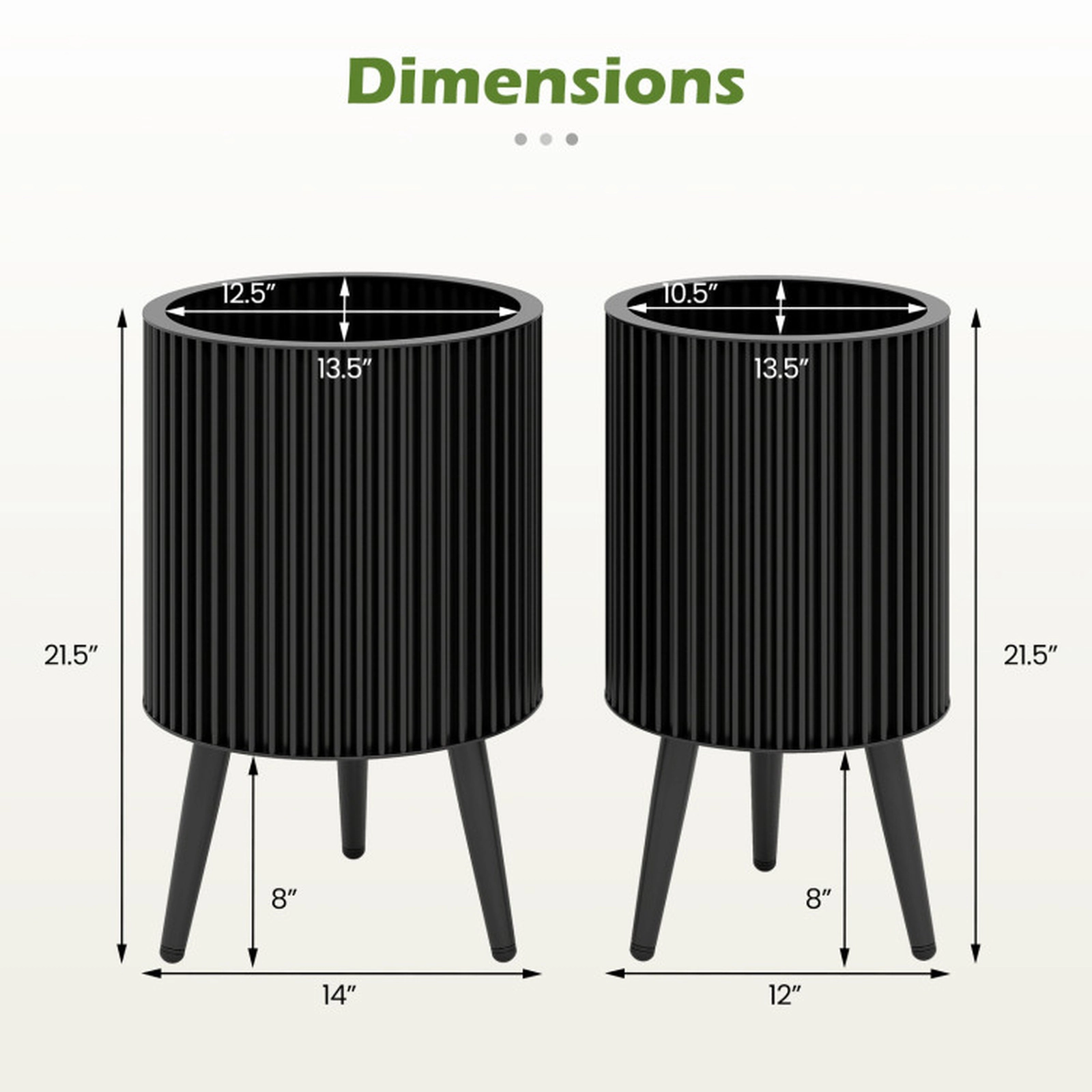 SUGIFT Modern Fluted Metal Planter Flower Pots with Stand 110-lb Capacity Set of 2 Black 20 x 23 in and 18 x 23 in