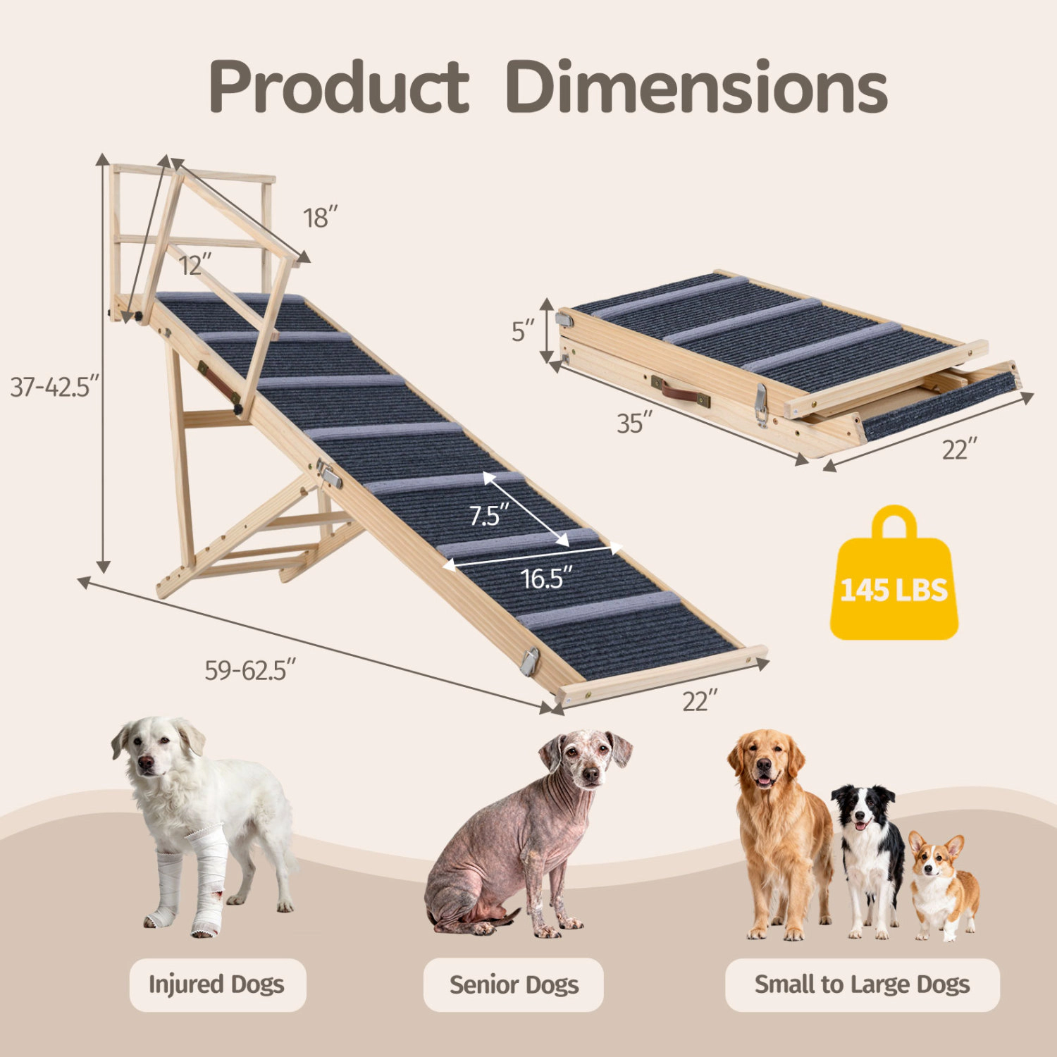 SUGIFT 6-Level Height Adjustable Foldable Pet Ramp for High Bed or Couch 145-lb Capacity 62.5-in Long Dark Gray