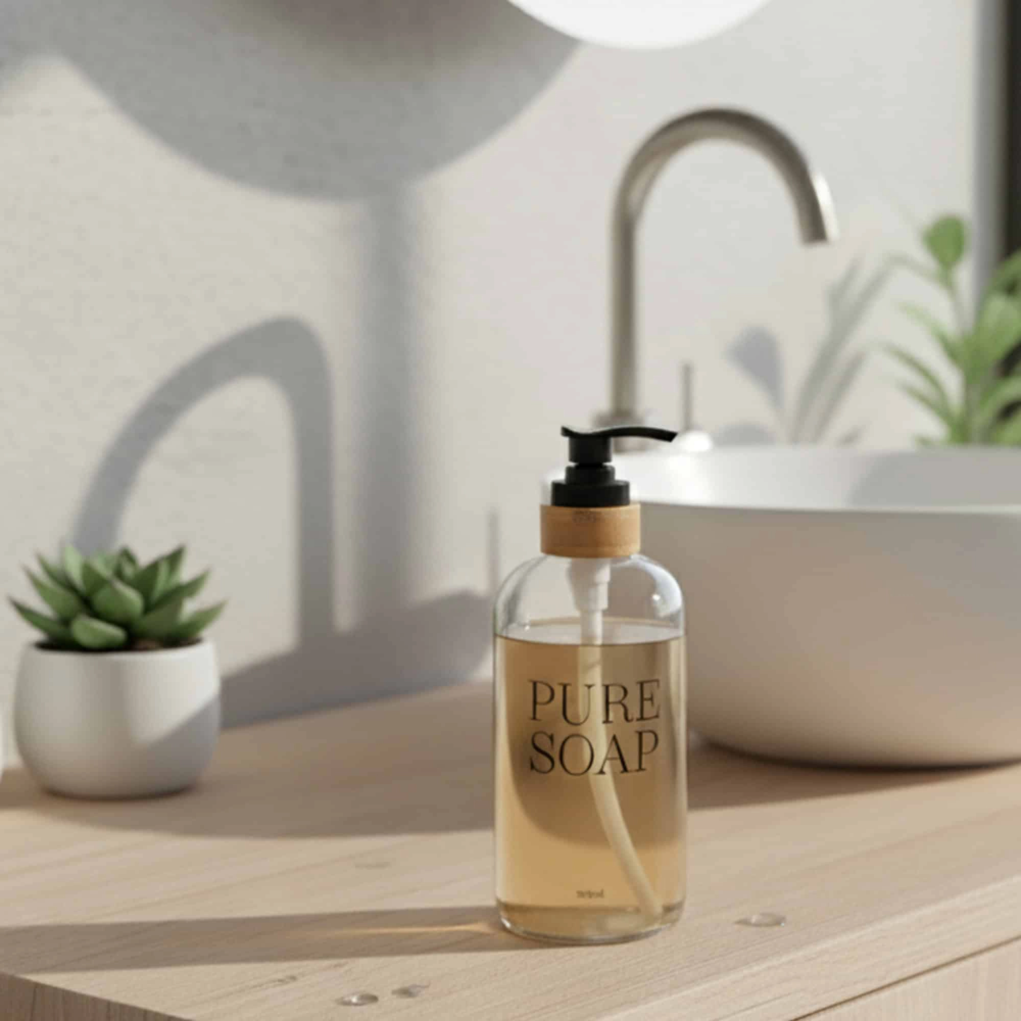 Evideco French Home Goods 17 oz Clear Glass Soap Dispenser with Bamboo Collar, PURE SOAP Embossed