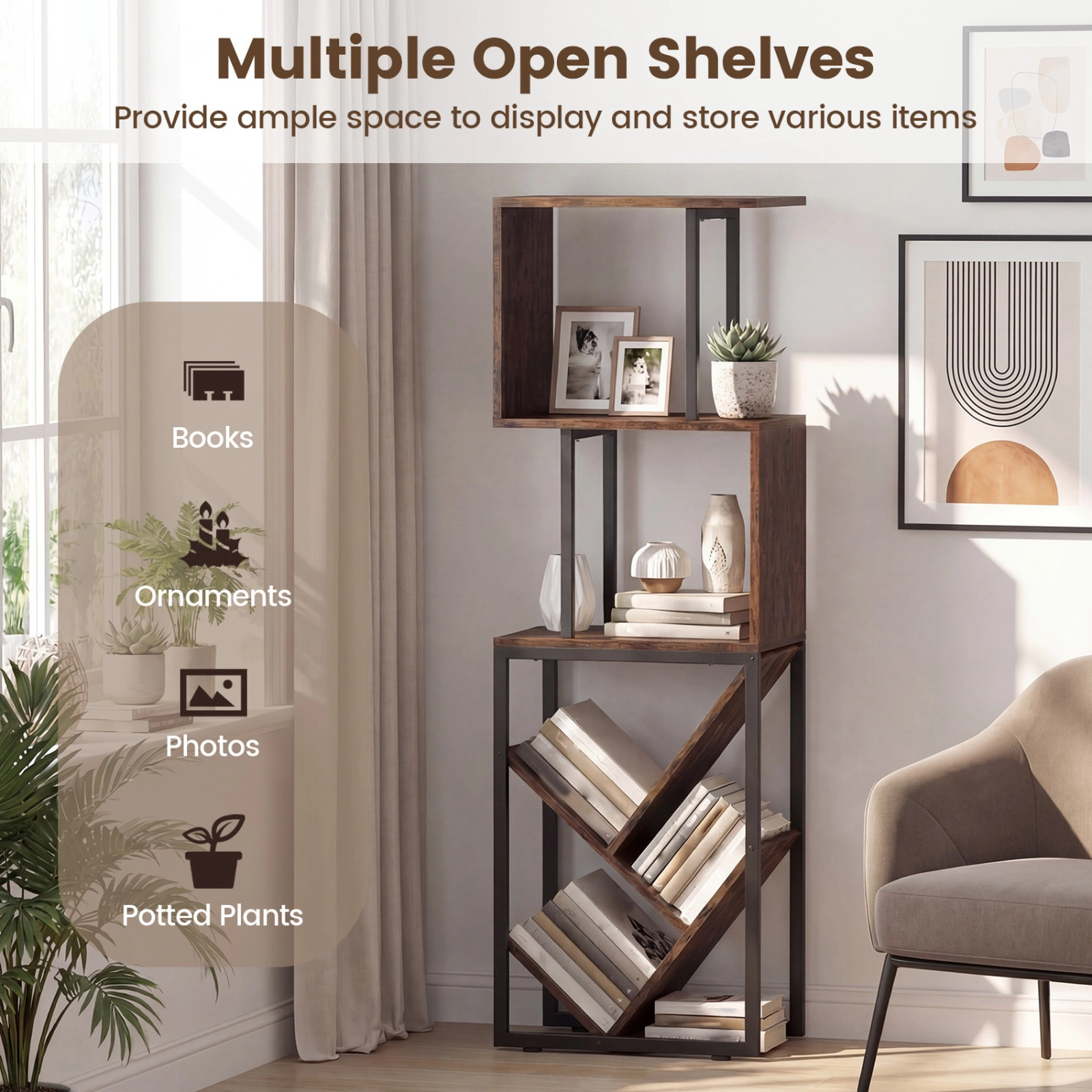 SUGIFT 6-Tier 48-in S-Shaped Geometric Tree Bookshelf Floor Standing with 2 Anti-Toppling Kits for Study