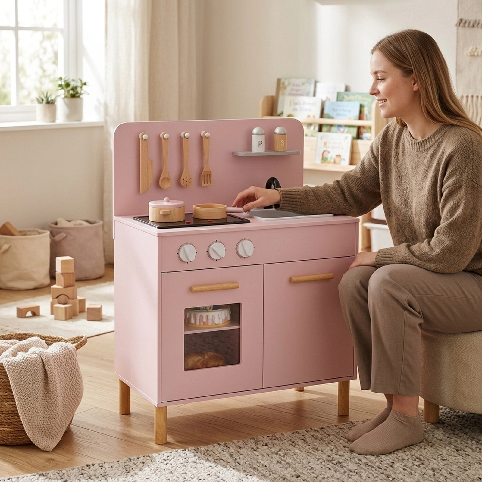 Kitchen Set for Kids Dual Light-Up Stoves Removable Sink Storage 22-in Wooden Play Kitchen Pine Wood Legs Ages 3+ Pink