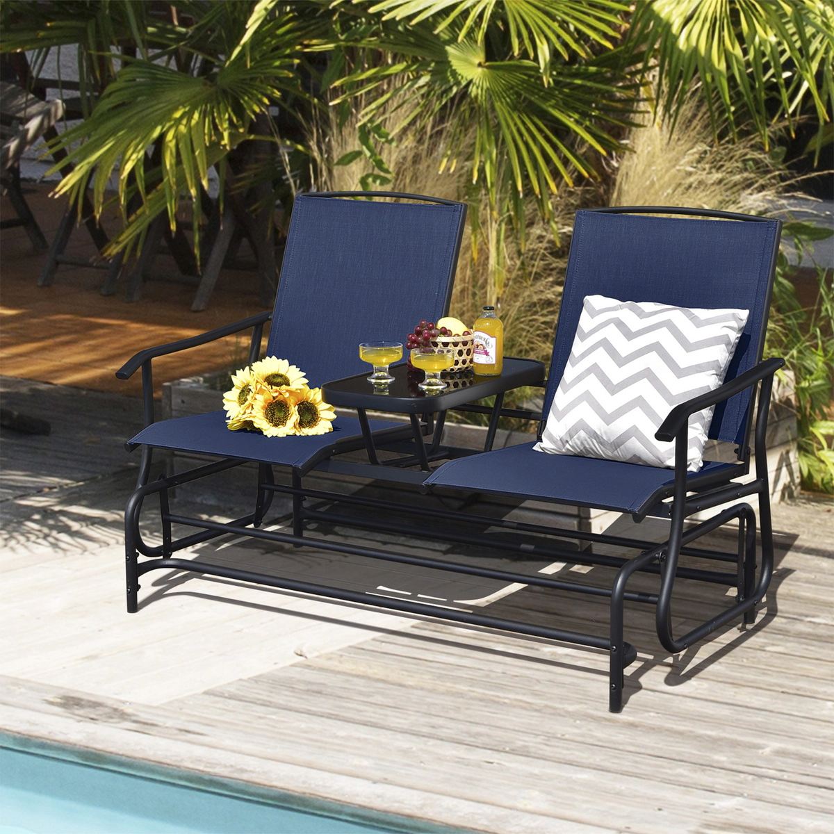 SUGIFT Navy Mesh Fabric and Tempered Glass Center Table 2-Person Double Rocking Loveseat