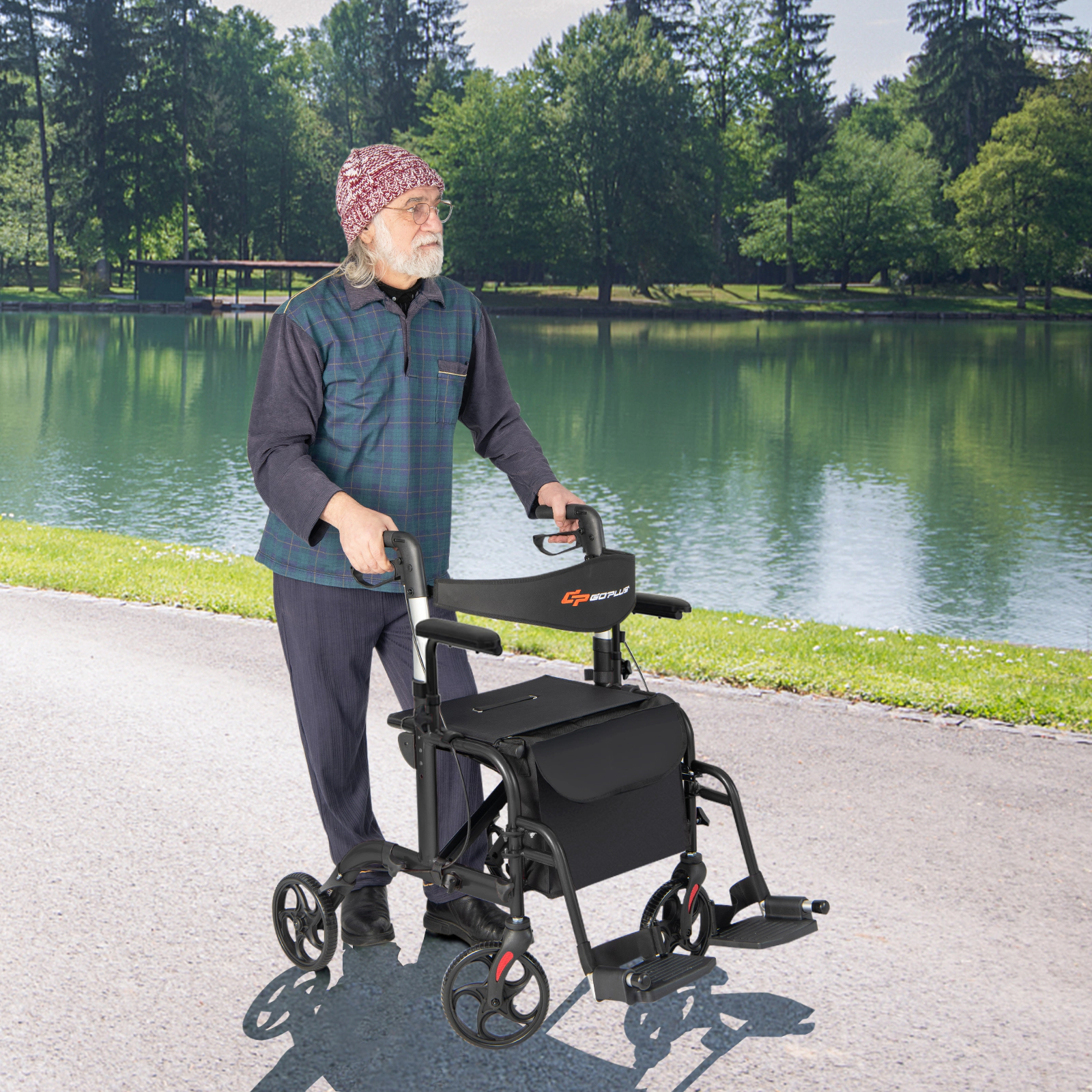 SUGIFT 2-in-1 Folding Aluminum Rollator Walker and Wheelchair with Seat and Wheels 300-lb Capacity 40.5-in Frame Black