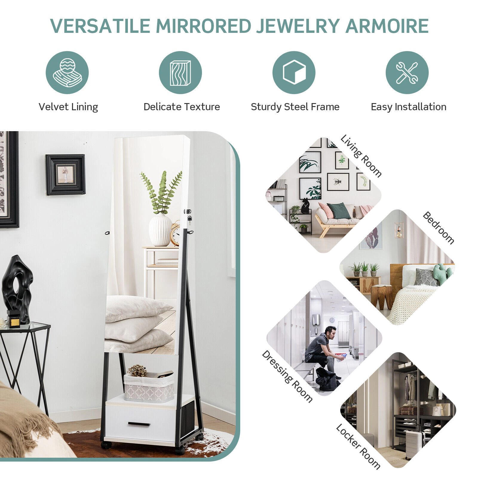 Slickblue 62 Inch Freestanding Jewelry Cabinet with Full-Length Mirror and Lockable Storage