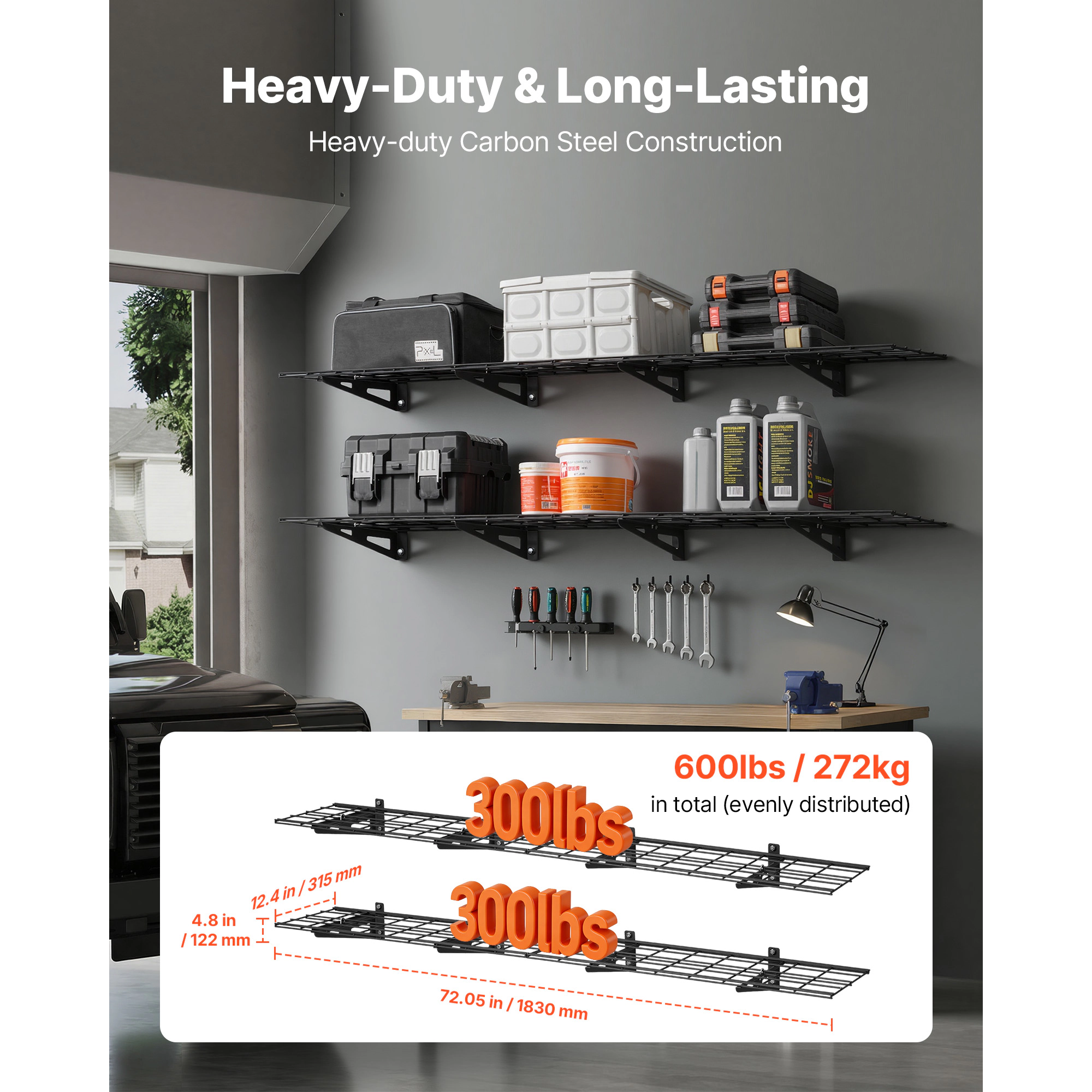 HONGGE Heavy Duty Wall Garage Shelving Steel Wall Mounted Shelving Unit Per Shelf Floating Storage Metal Rack for