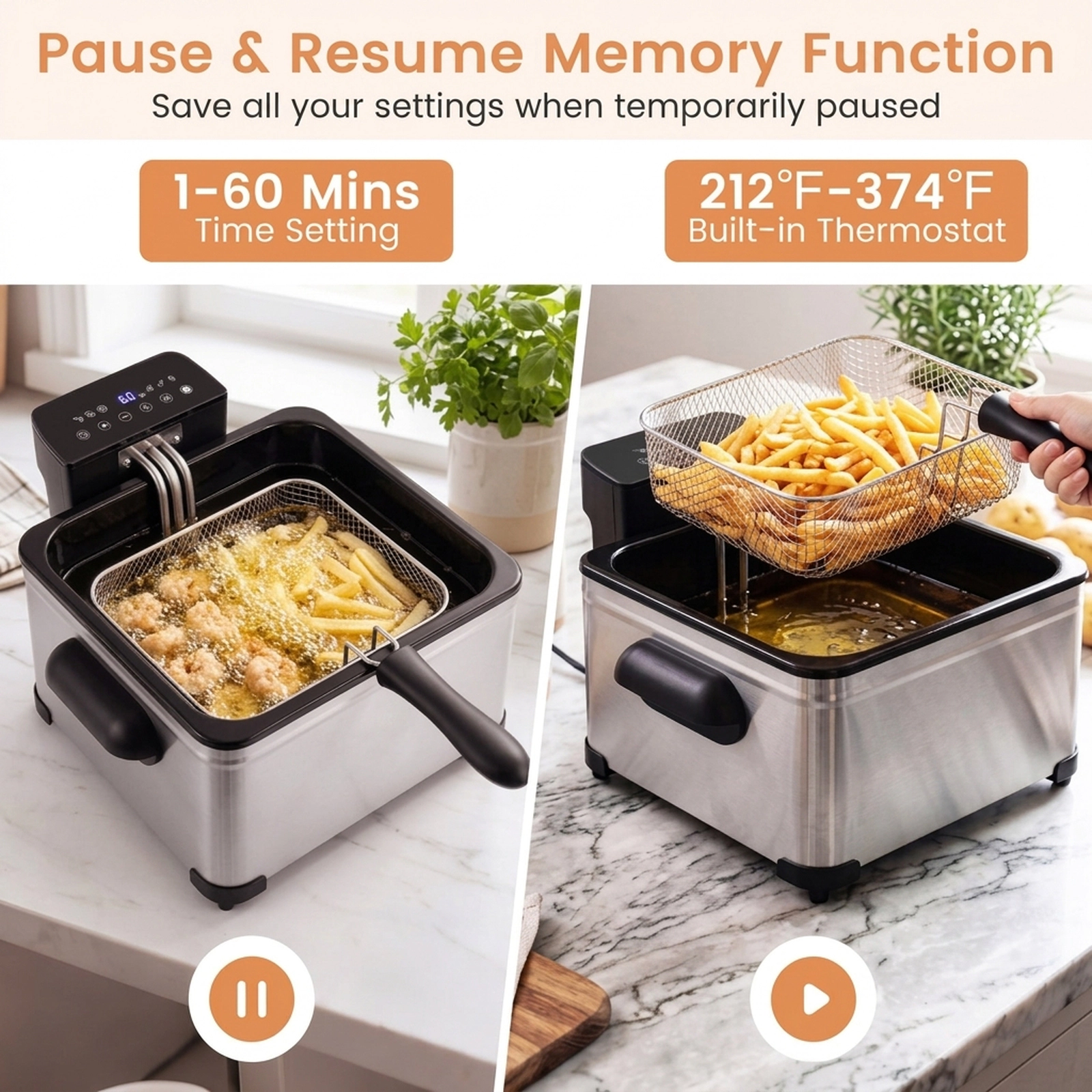 SUGIFT Silver Electric Deep Fryer with 3 Baskets LED Touch Screen and 6 Presets 5.3-Qt 1700W 13.5-in W 14-in D