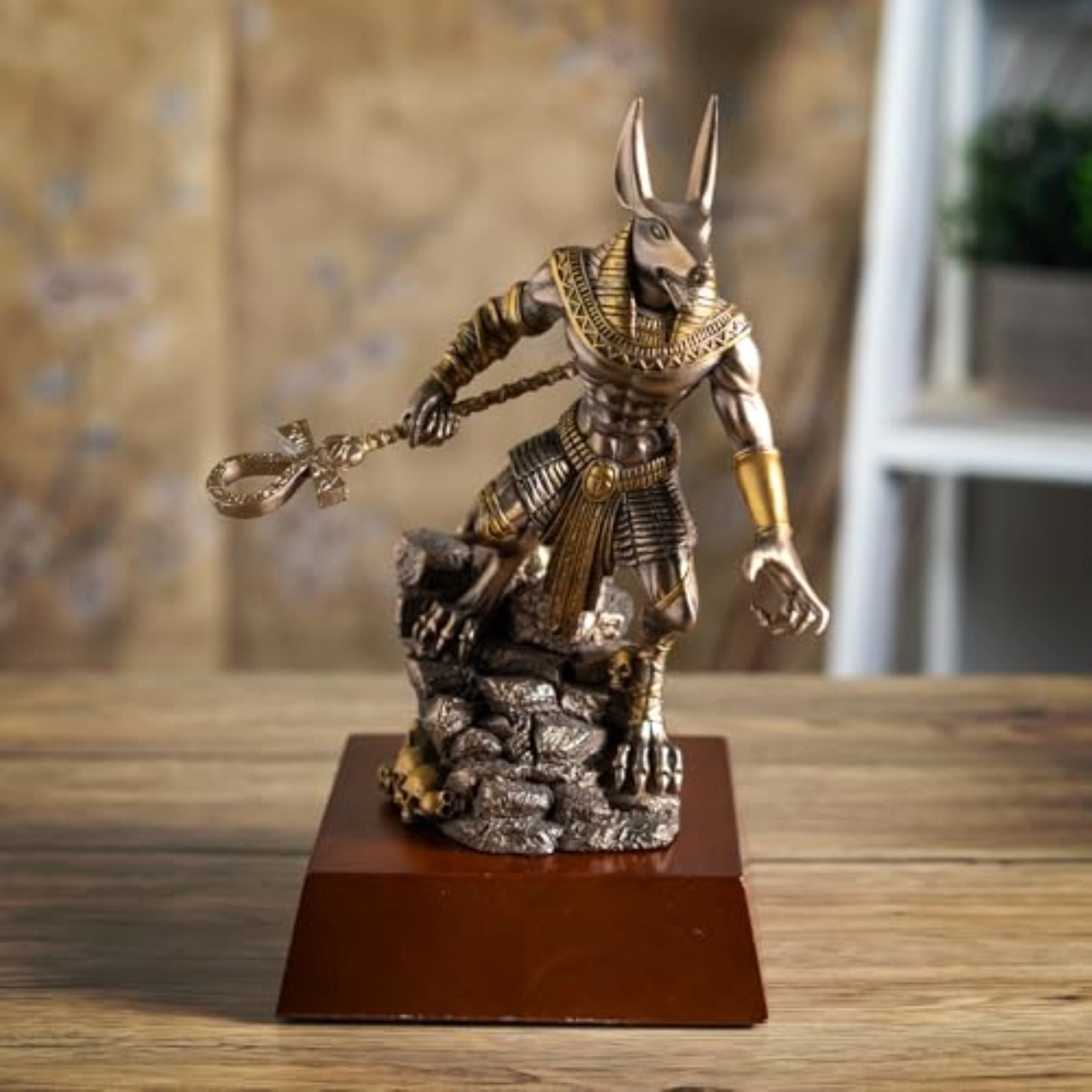Pacific Giftware Anubis on Rock Statue Bronze Finish Ancient Egyptian Decor Resin Figurine with Ankh Staff 9.5 inch