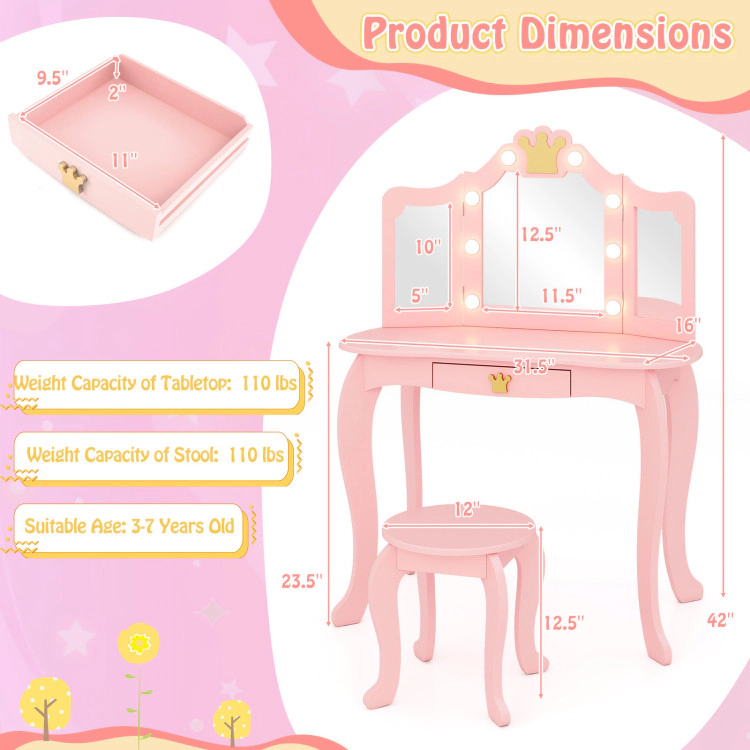 Hivvago Kids Vanity Set With Tri-Fold Lighted Mirror Detachable Top And Stool