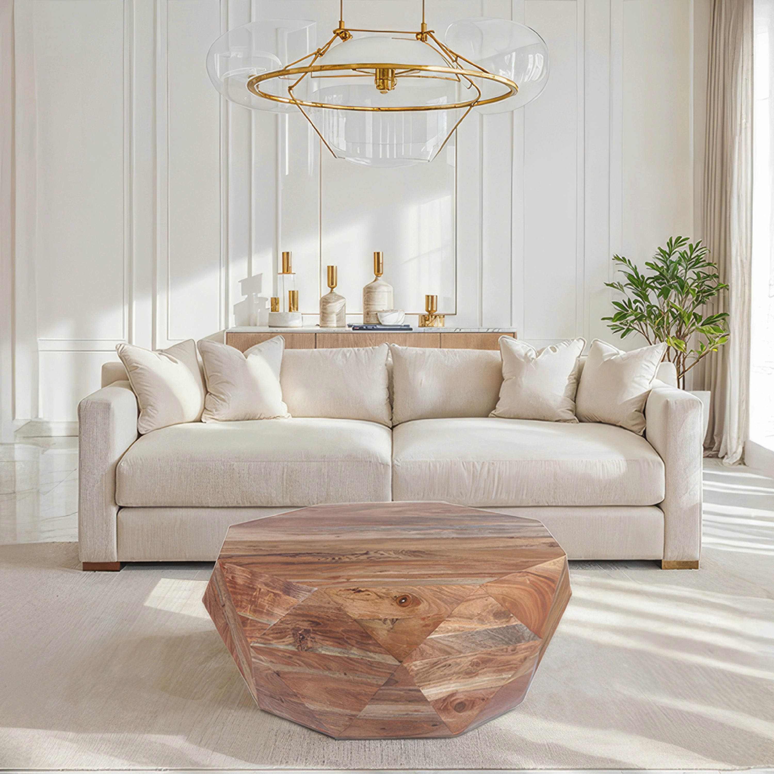 The Urban Port 33 Inch Diamond Shape Acacia Wood Coffee Table With Smooth Top, Natural Brown