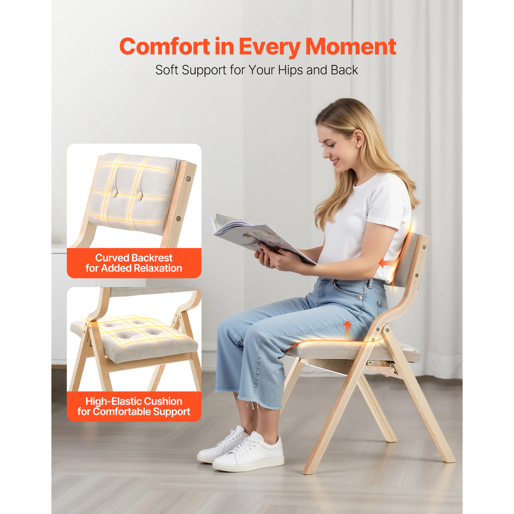 HONGGE Wooden Folding Chairs with Cushion Portable Foldable Cushion Chair with Wooden Frame Modern Padded Dining Chair