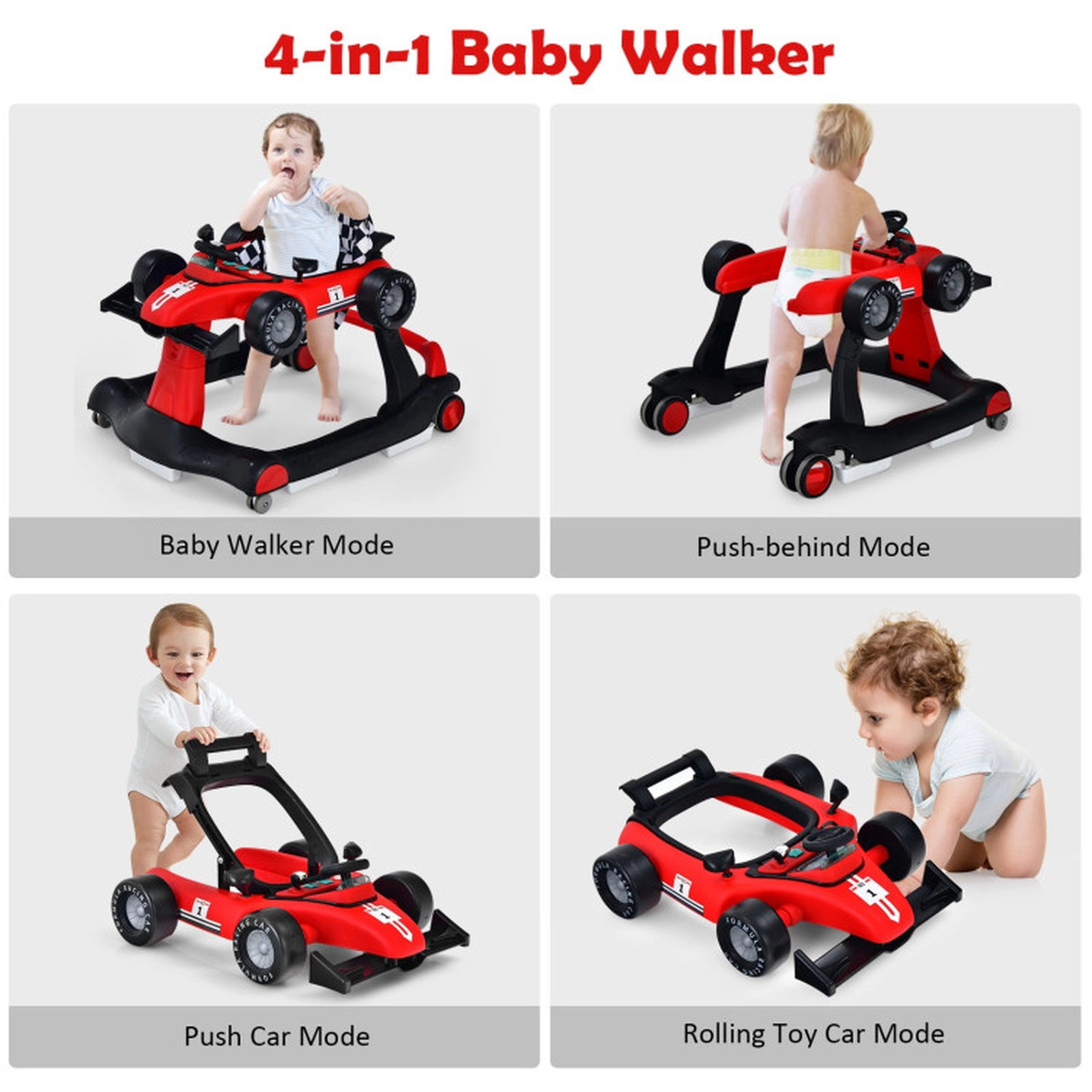 SUGIFT 4-in-1 Foldable Activity Push Walker with Adjustable Height 25-lb Capacity Ages 6-18 Months 29-in Frame Red