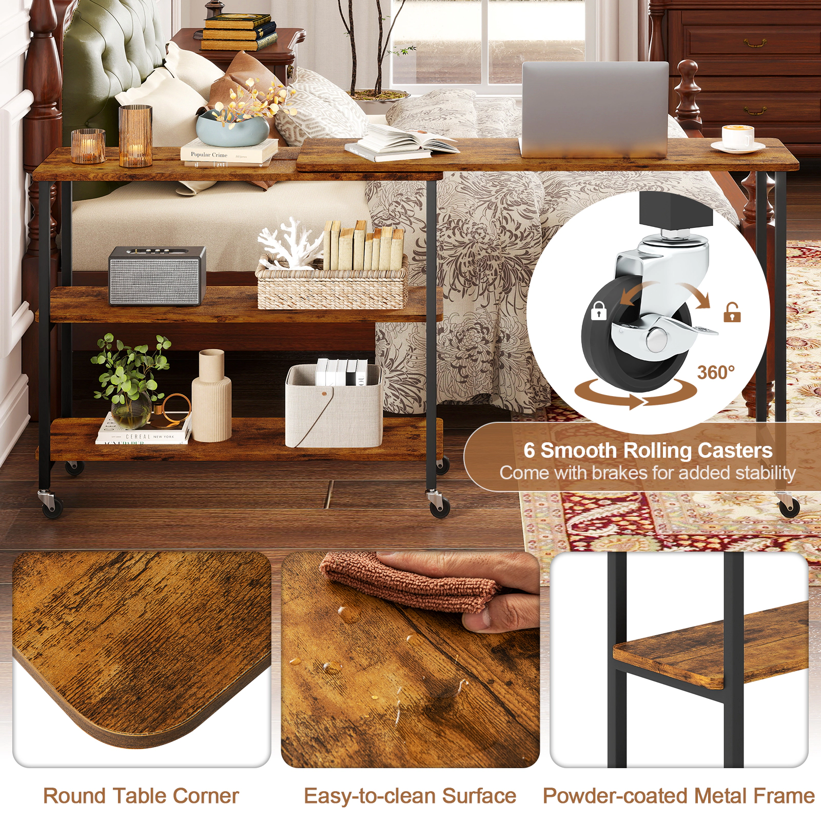 SUGIFT 360-Degree Rotating Sofa Side Table with Wheels and Storage Shelves 110-lb Desktop Rustic Brown