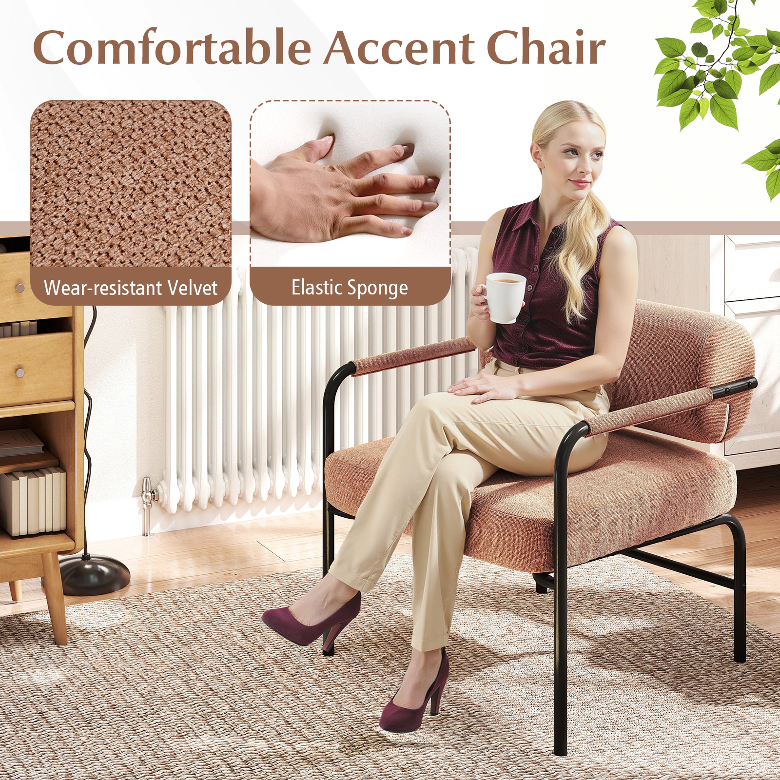 SUGIFT Velvet Upholstered Accent Chair Cylindrical Backrest & Metal Armrests 27.5-in Wide Frame 330-Lb Capacity Brown