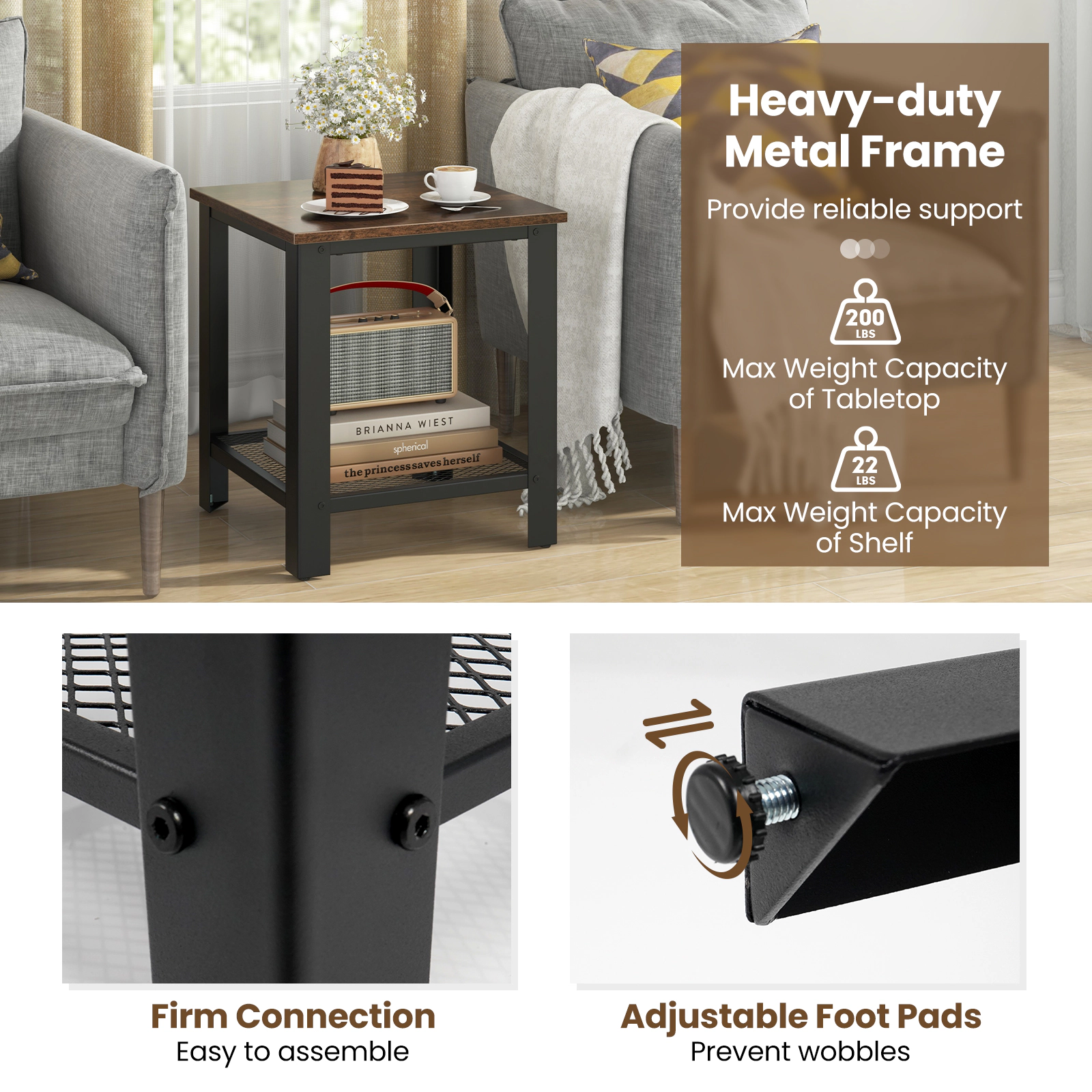 Slickblue Industrial End Table with Lower Mesh Shelf for Living Room Bedroom