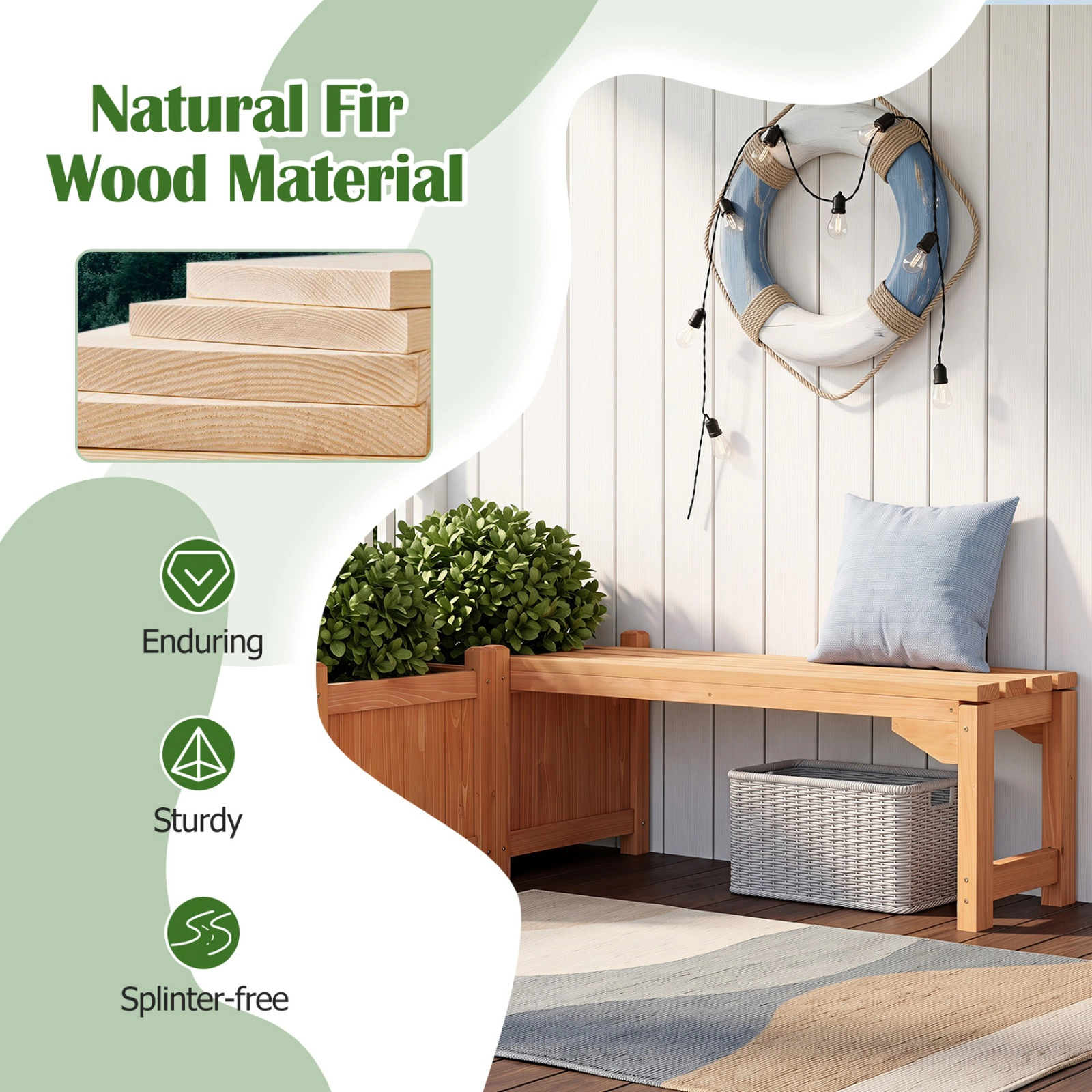 SUGIFT 2-in-1 Raised Planter Box 2-Person Seat Fir Wood Garden Bench 53-in x 14-in x 14-in 660-lb Capacity Natural