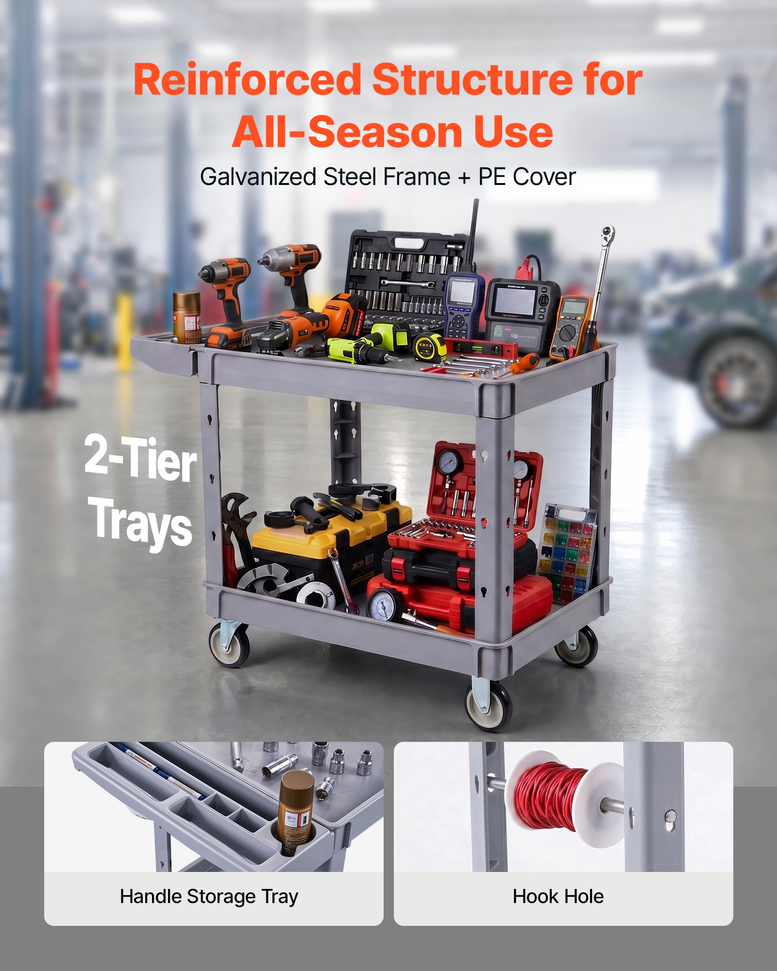 HONGGE Utility Cart 550 lbs Capacity 2 Tier Service Cart with 360° Swivel & Fixed Wheels 2 with Brakes Heavy Duty