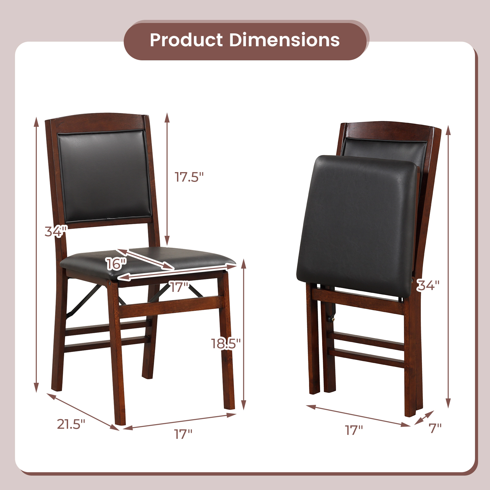 SUGIFT Folding Dining Chairs with Padded PU Leather Seat and High Backrest 400-lb Capacity Brown