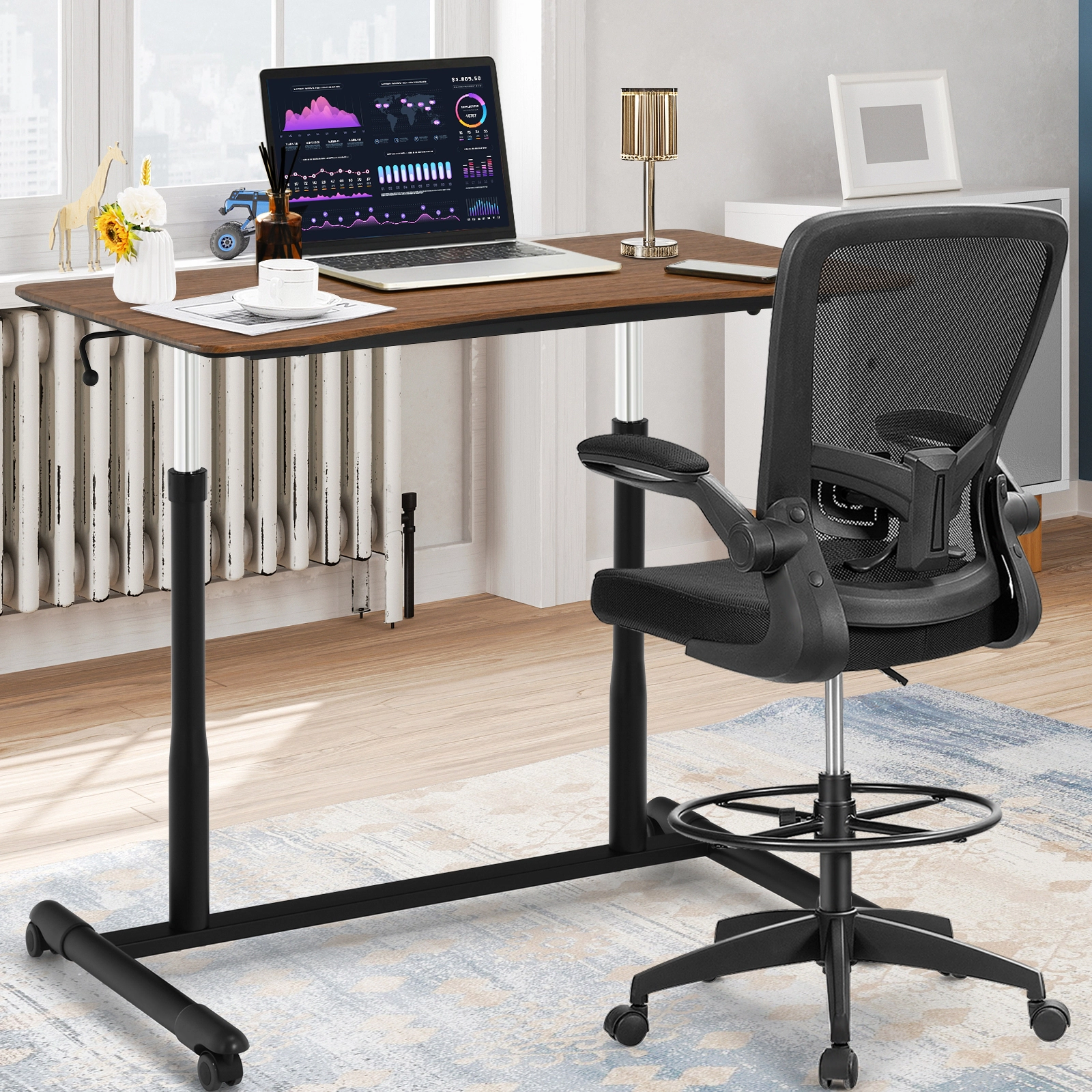 SUGIFT Height Adjustable Sit to Stand Rolling Computer Desk With 37.5 x 21.5 in Work Surface 66-Lb Capacity Brown
