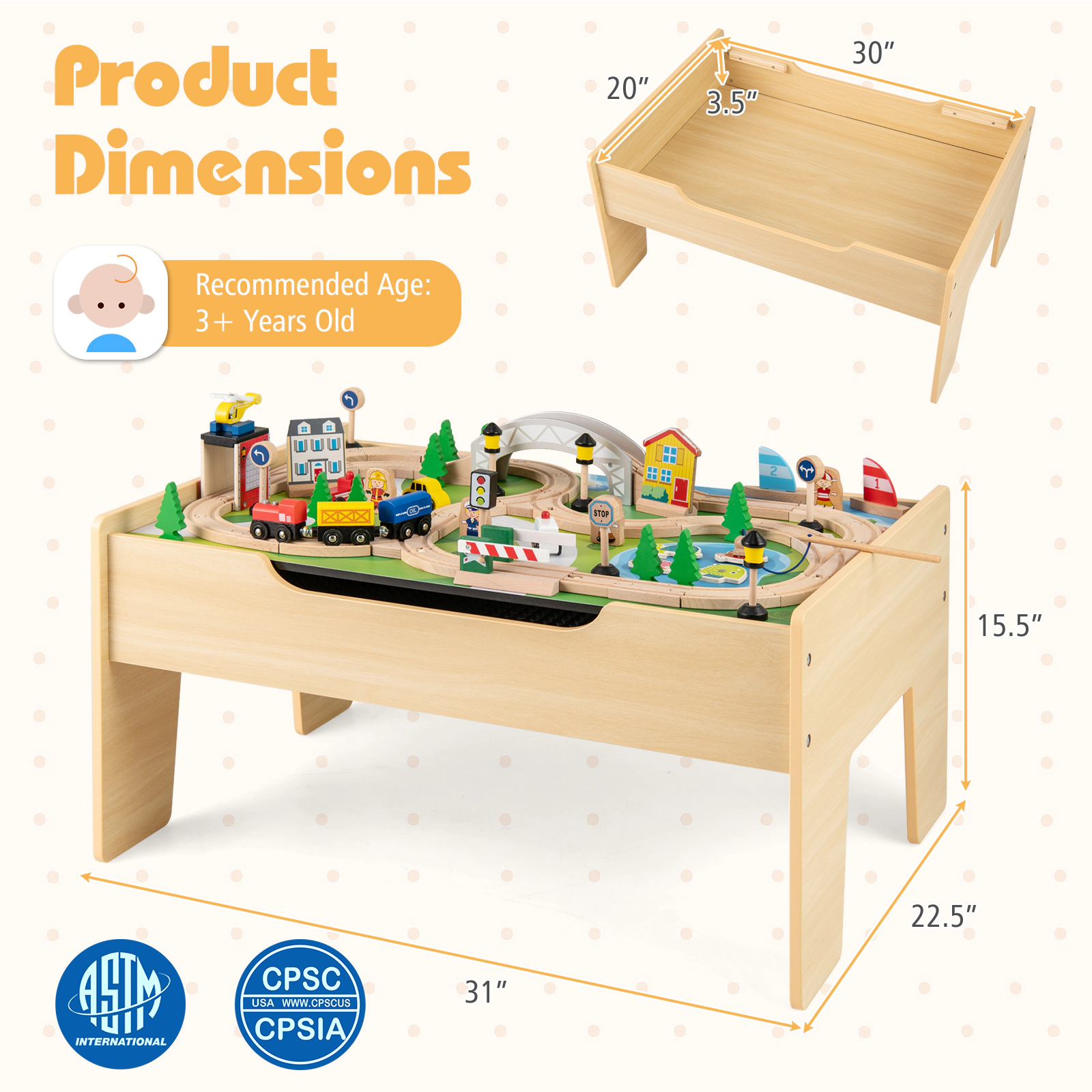 SUGIFT Wooden Train Table Activity Railway Playset Interactive Toy 55-lb Capacity Ages 18M+ Natural 31-in Top