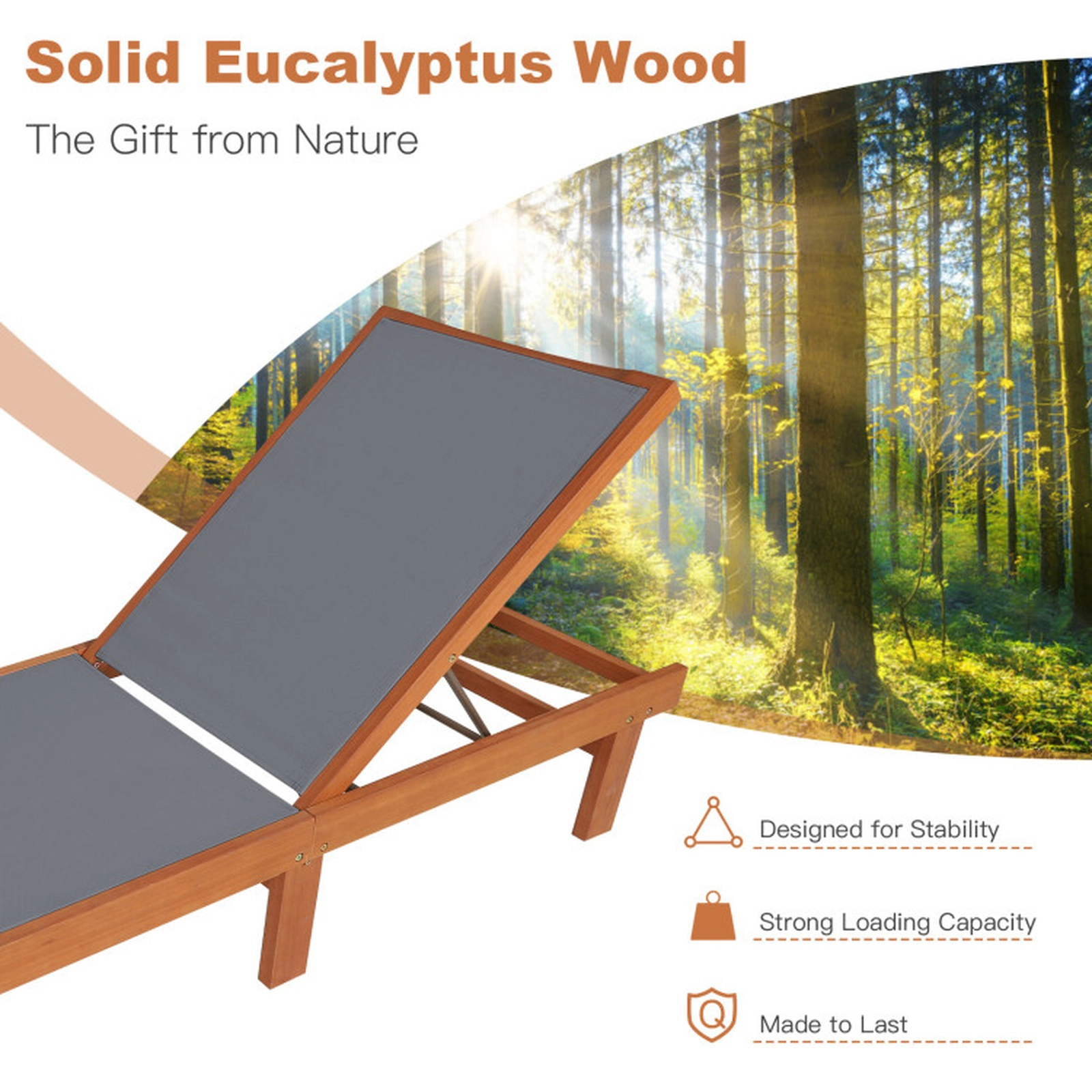 SUGIFT Adjustable Outdoor Wood Chaise Lounge Chair with 5-Position Backrest 400-lb Capacity Teak and White