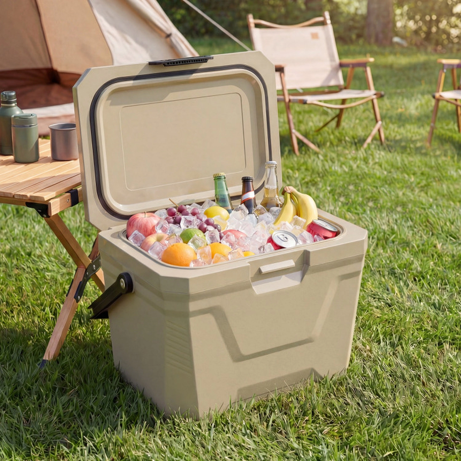 SUGIFT Sand 21-qt Small Hard Shell Insulated Cooler Ice Chest with 2 Cup Holders and Bottle Opener