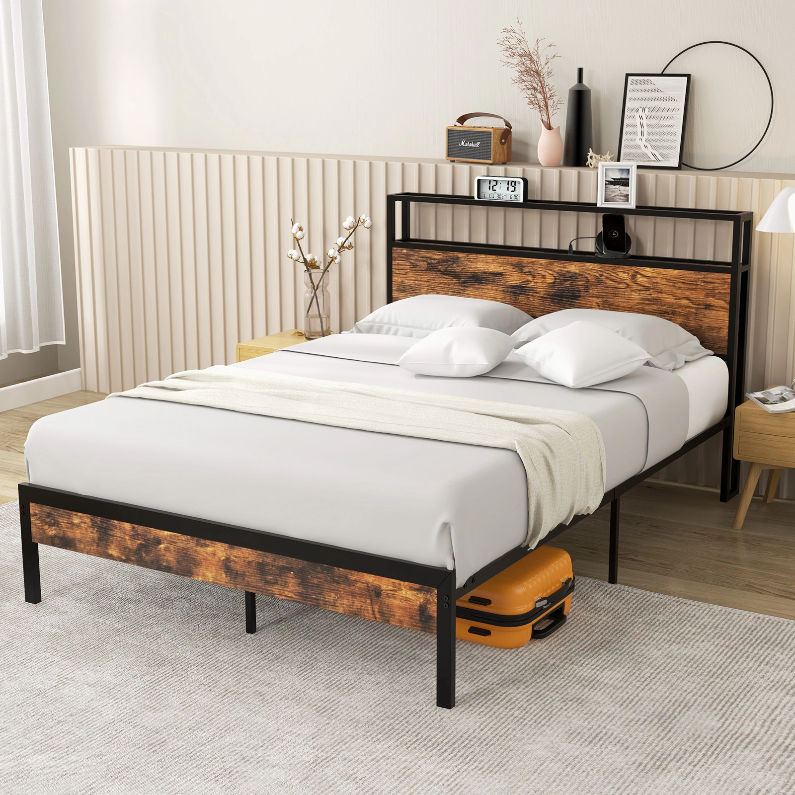 SUGIFT Full Bed Frame with 2-Tier Storage Headboard, Charging Station and 18W USB-C Port, Rustic Brown