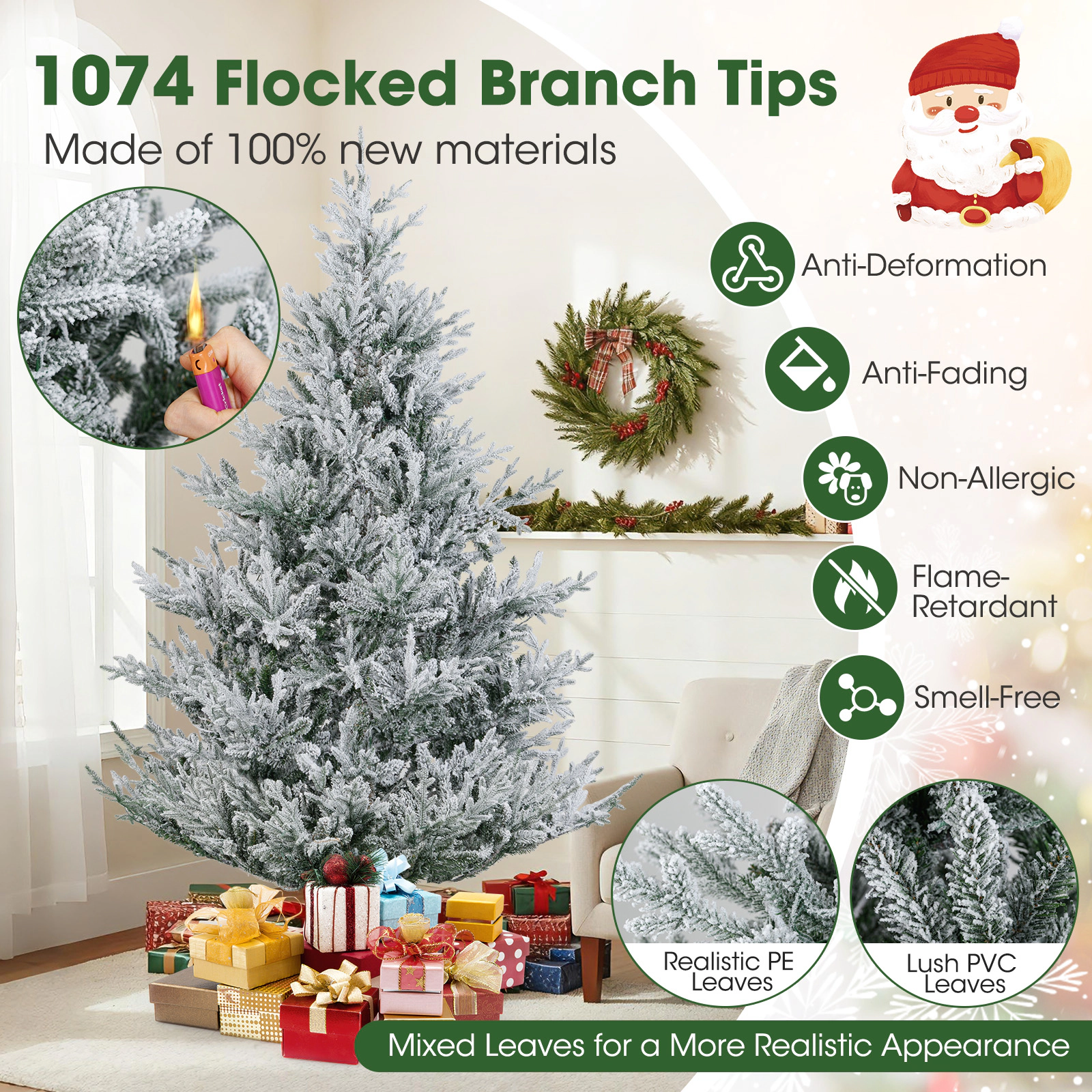 Costway 6/7/8 FT Artificial Christmas Tree with 762/1074/1470 Flocked Branch Tips