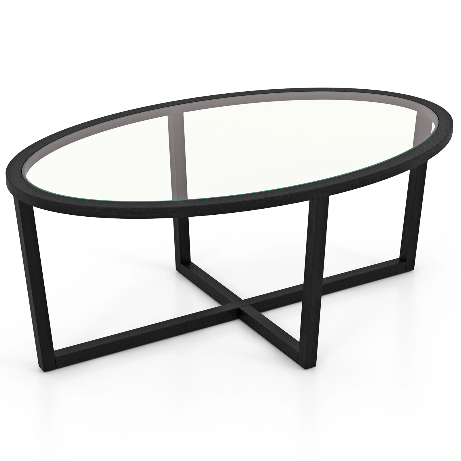 Glintex 46.5-Inch Oval Glass Coffee Table with Acacia Wood Cross Base, Black