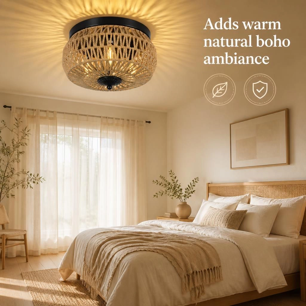 ELEMENT ACE Round Rattan Metal Flush Mount Ceiling Light
