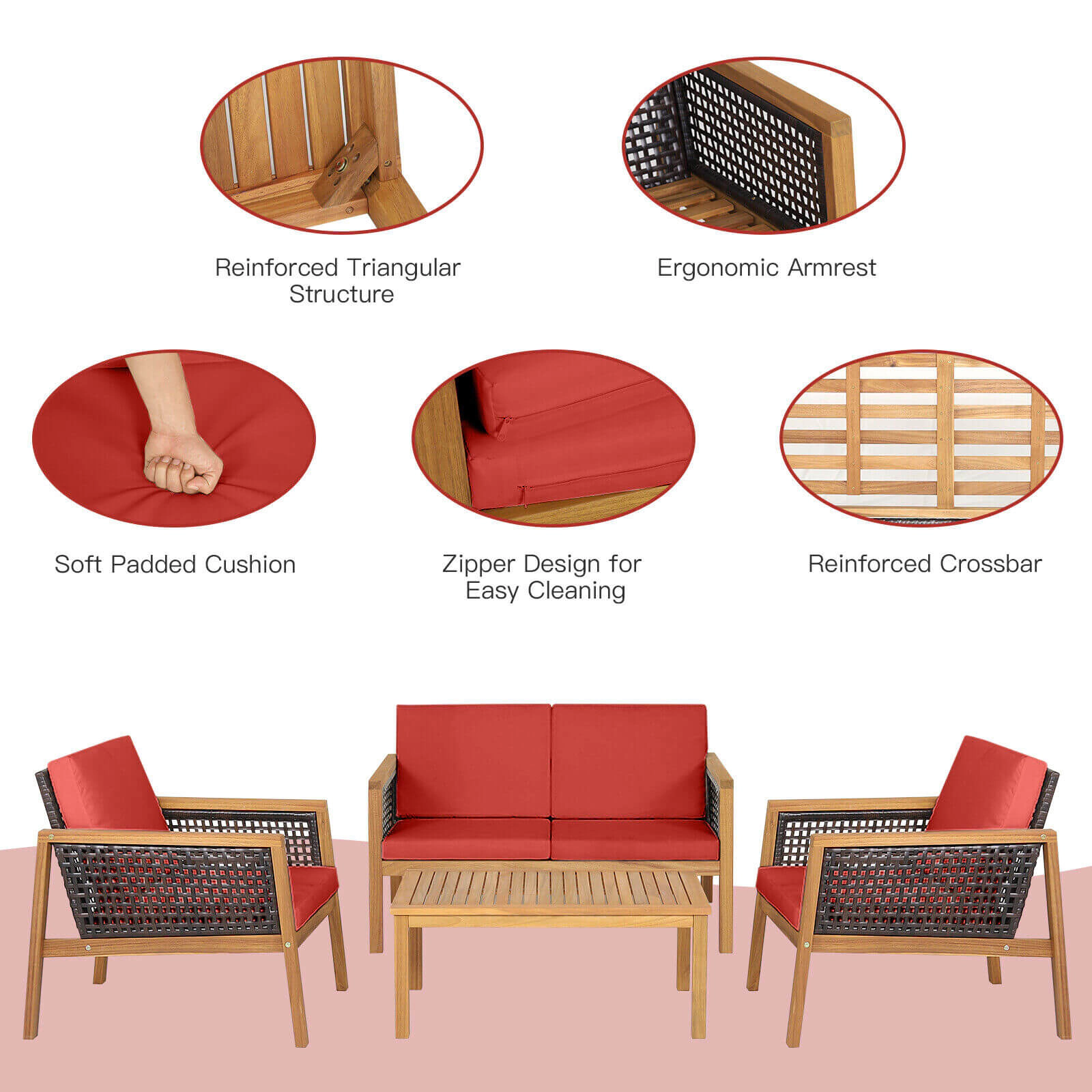 SUGIFT 4-Piece Red Rattan Patio Furniture Set with Acacia Loveseat, 2 Chairs and Table