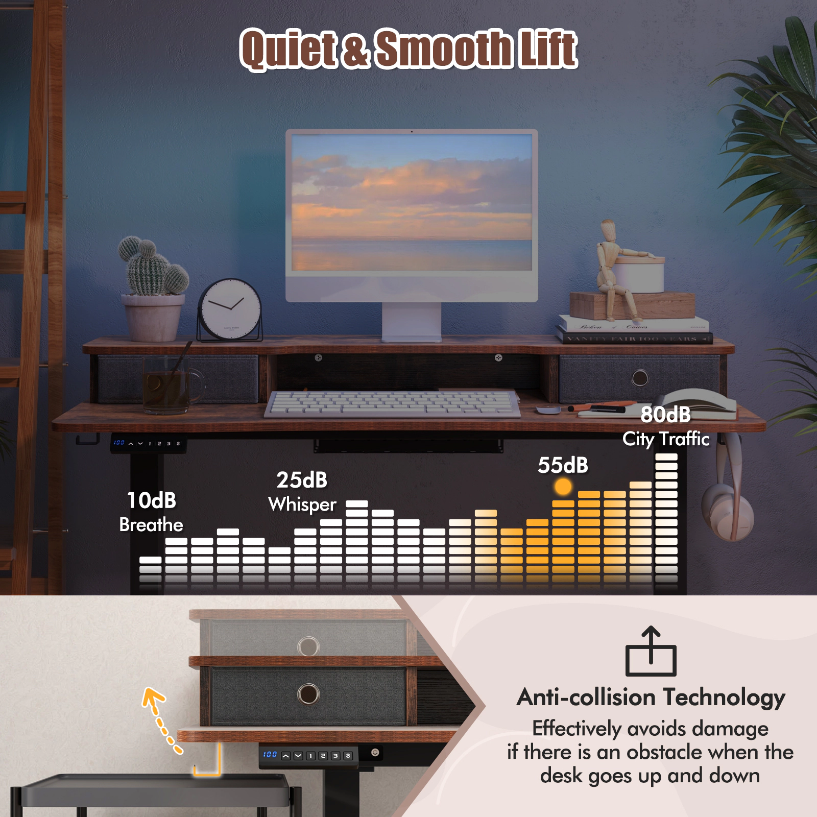 SUGIFT 48-in x 24-in Rustic Brown Wood Sit Stand Adjustable Standing Desk with Drawers for Home Office