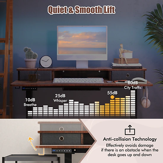 SUGIFT 48-in x 24-in Rustic Brown Wood Sit Stand Adjustable Standing Desk with Drawers for Home Office