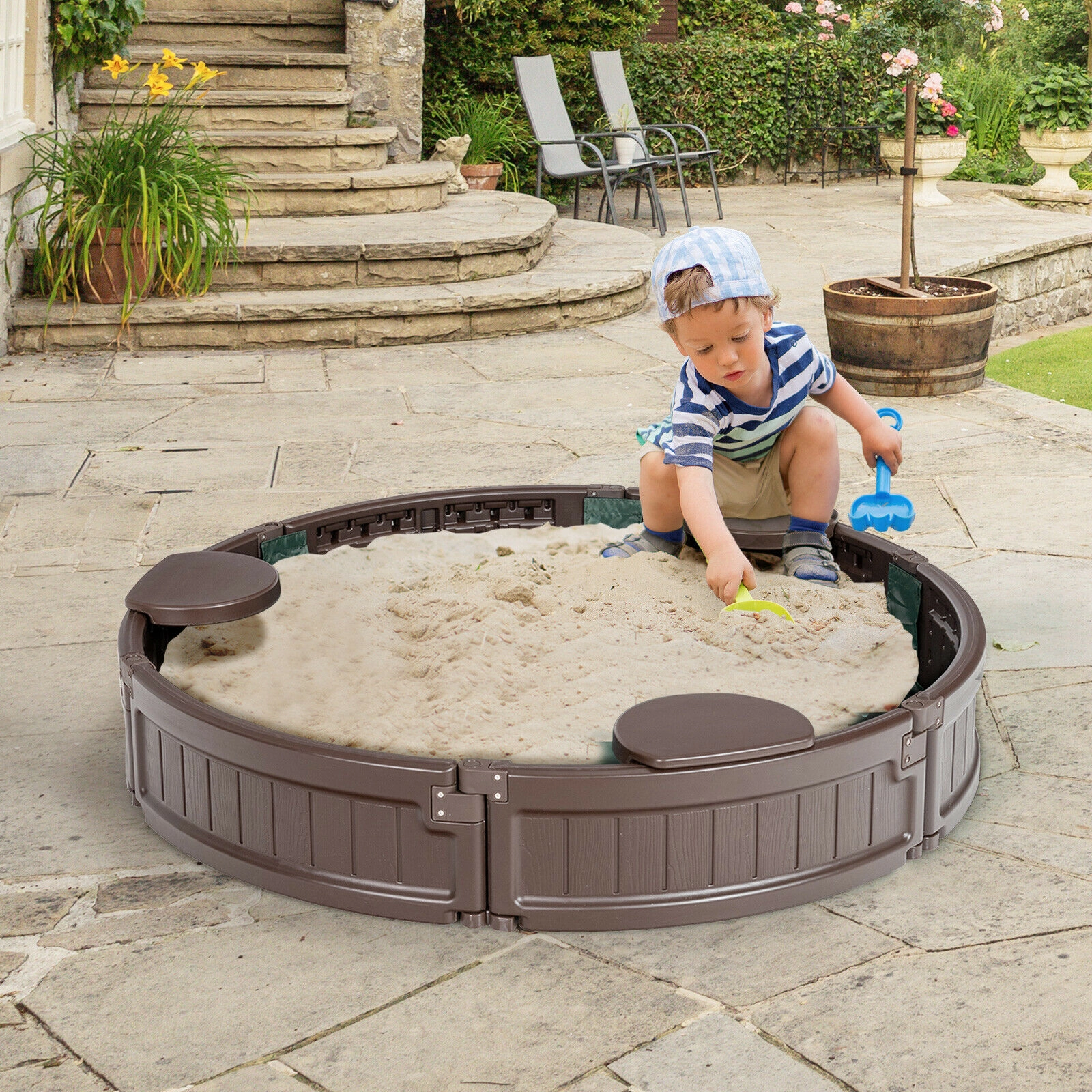 LJG Kids Sandbox with Built-in Corner Seat and Cover