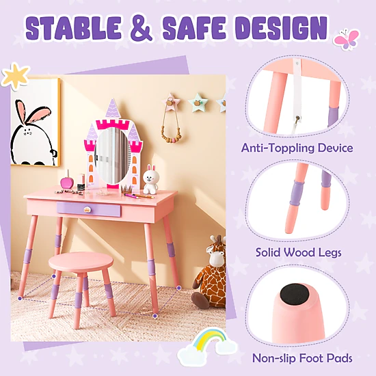SUGIFT Pink Real Silver Mirror and Large Drawer Kids Vanity Table and Stool Set