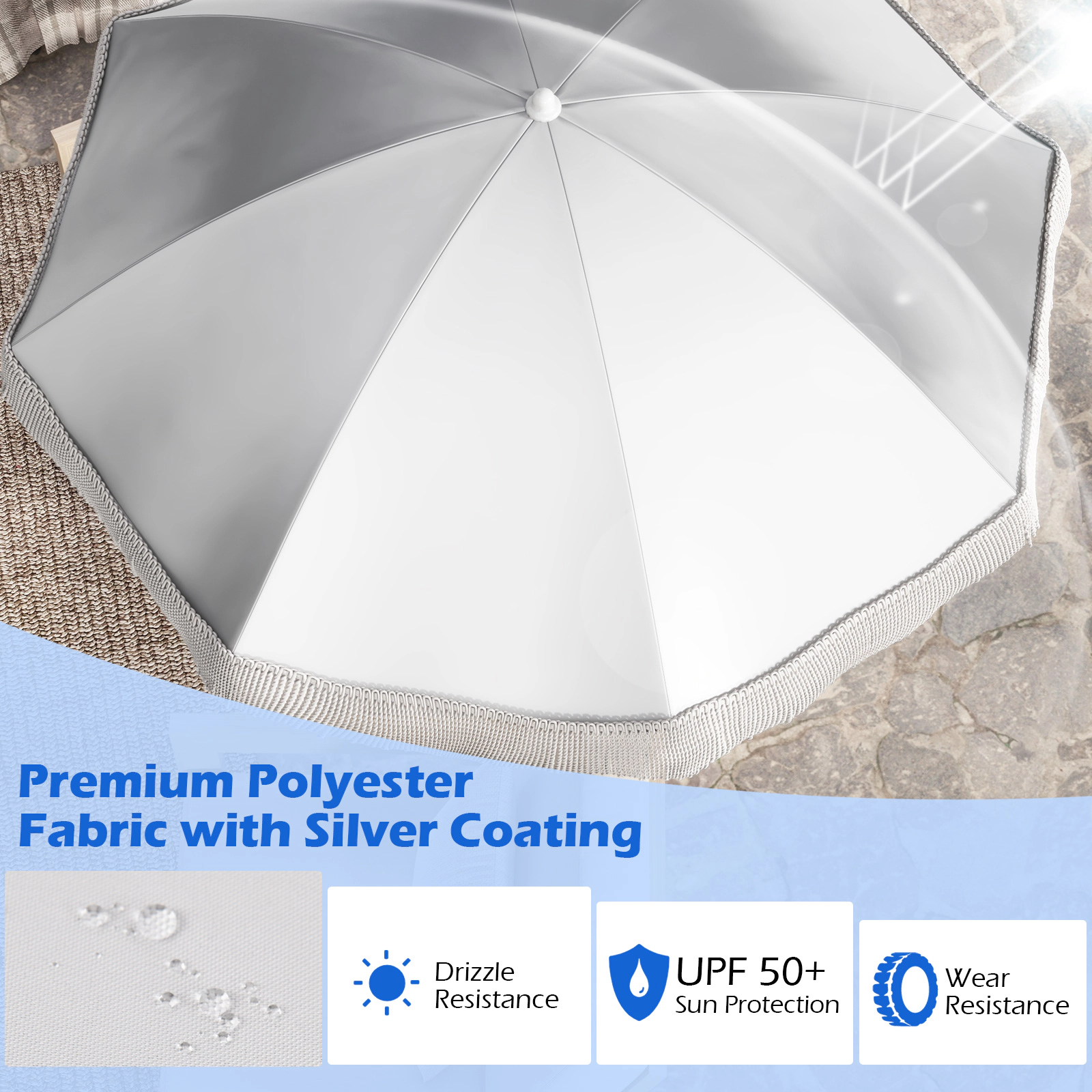 SUGIFT Cream White Fringe Trim and Push Button Tilt UPF 50+ 6.5 ft Beach Umbrella