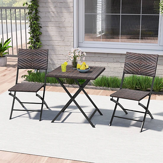 Hivvago 3 Piece Rattan Bistro Set Outdoor Folding Dining Table And Chairs With Wicker Seat